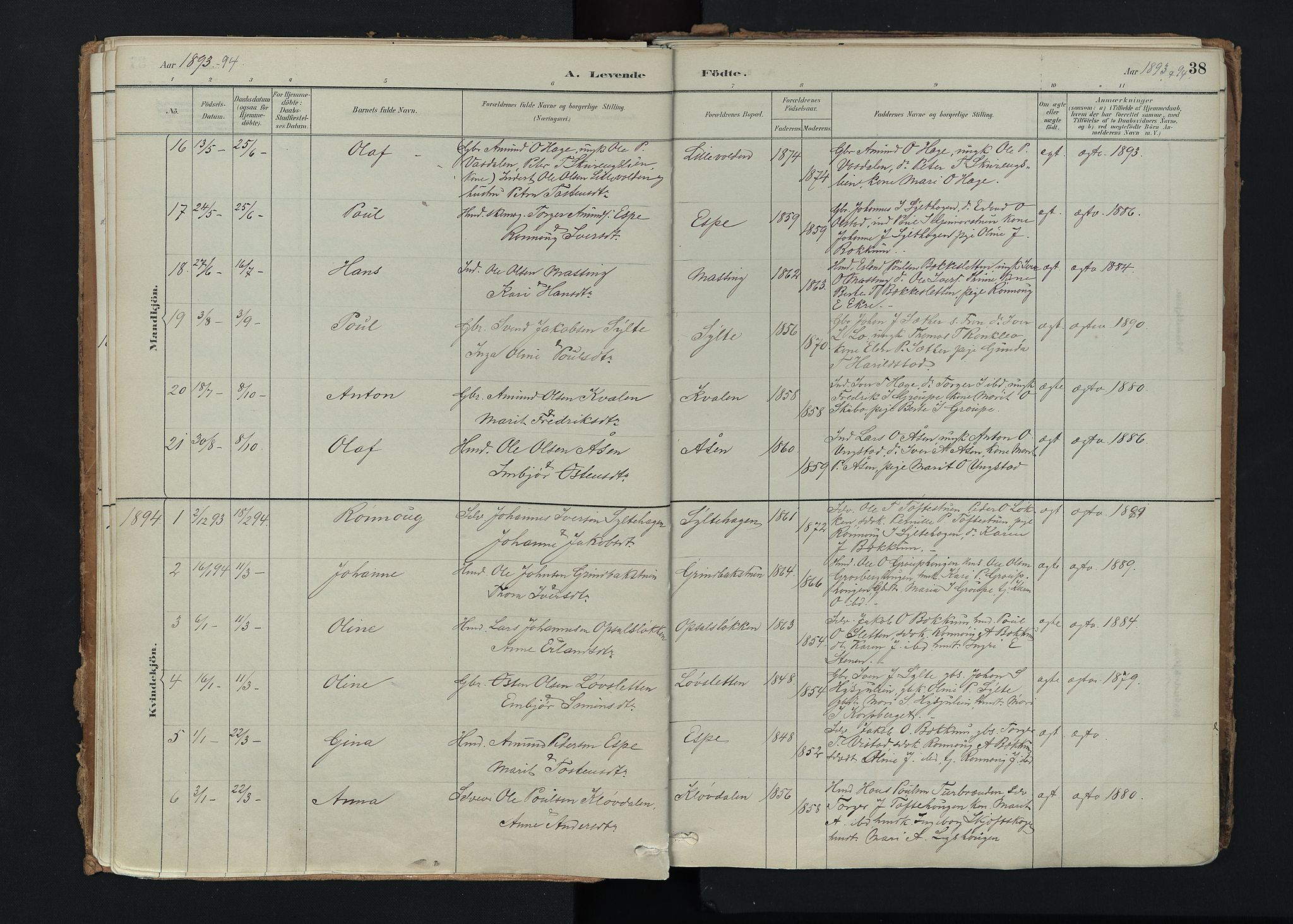 Nord-Fron prestekontor, SAH/PREST-080/H/Ha/Haa/L0005: Parish register (official) no. 5, 1884-1914, p. 38