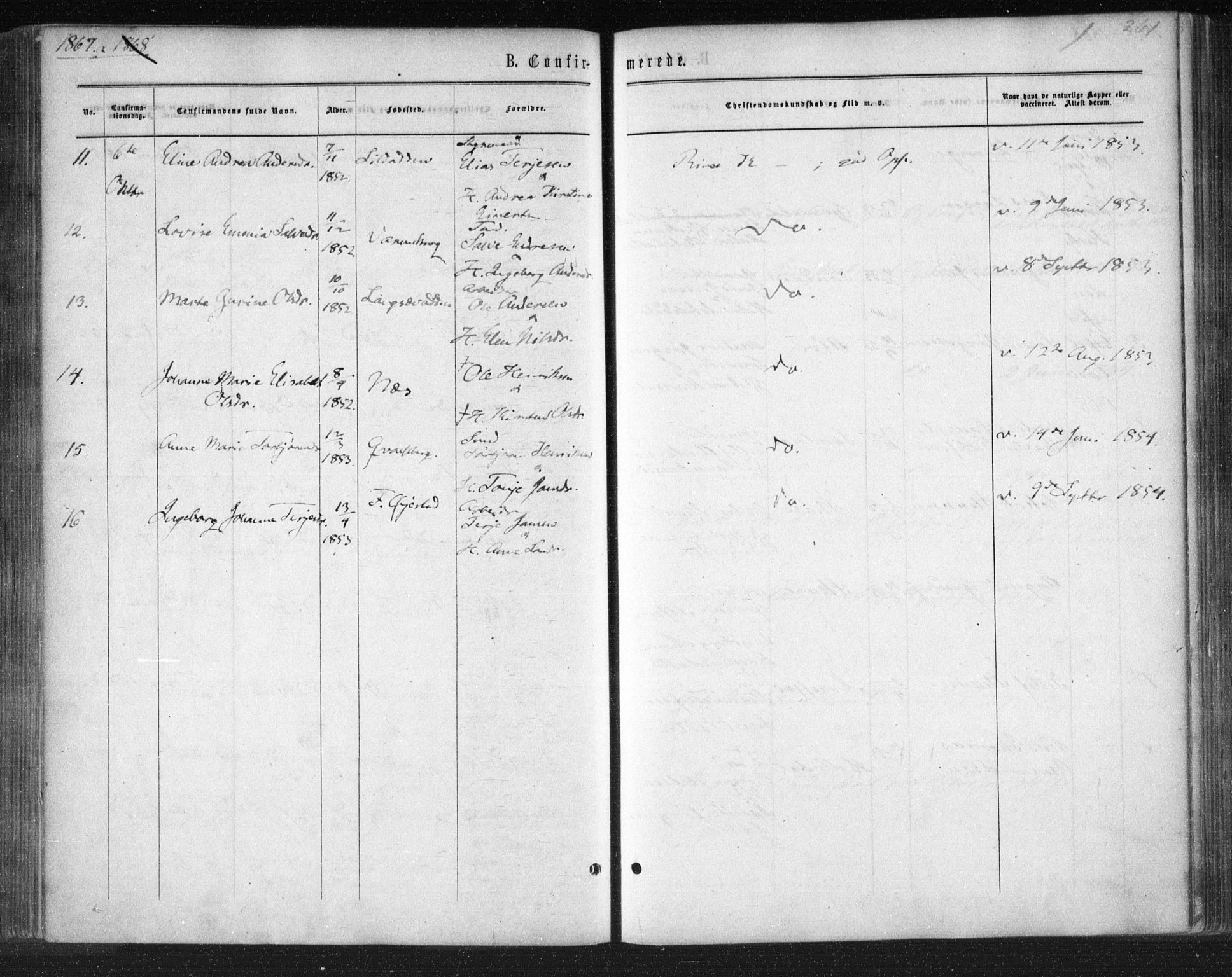 Tromøy sokneprestkontor, SAK/1111-0041/F/Fa/L0007: Parish register (official) no. A 7, 1864-1869, p. 261