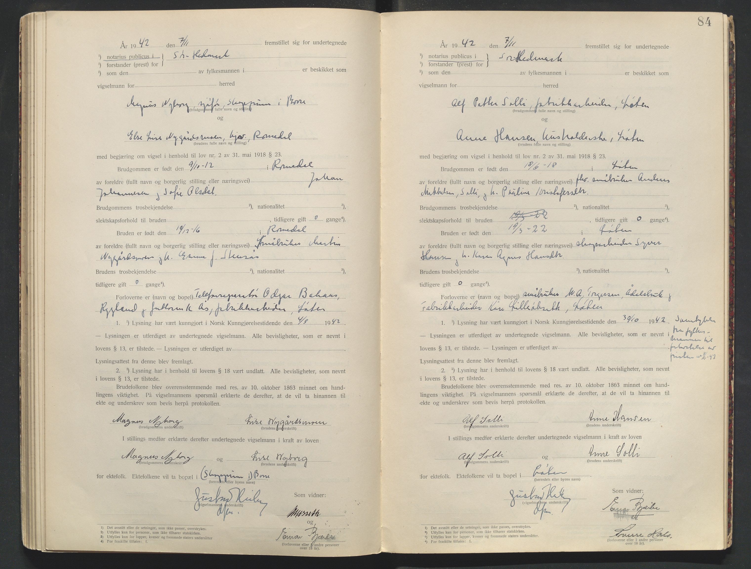 Sør-Hedmark sorenskriveri, AV/SAH-TING-014/L/Le/L0001/0002: Vigselbøker / Vigselbok, 1938-1942, p. 84
