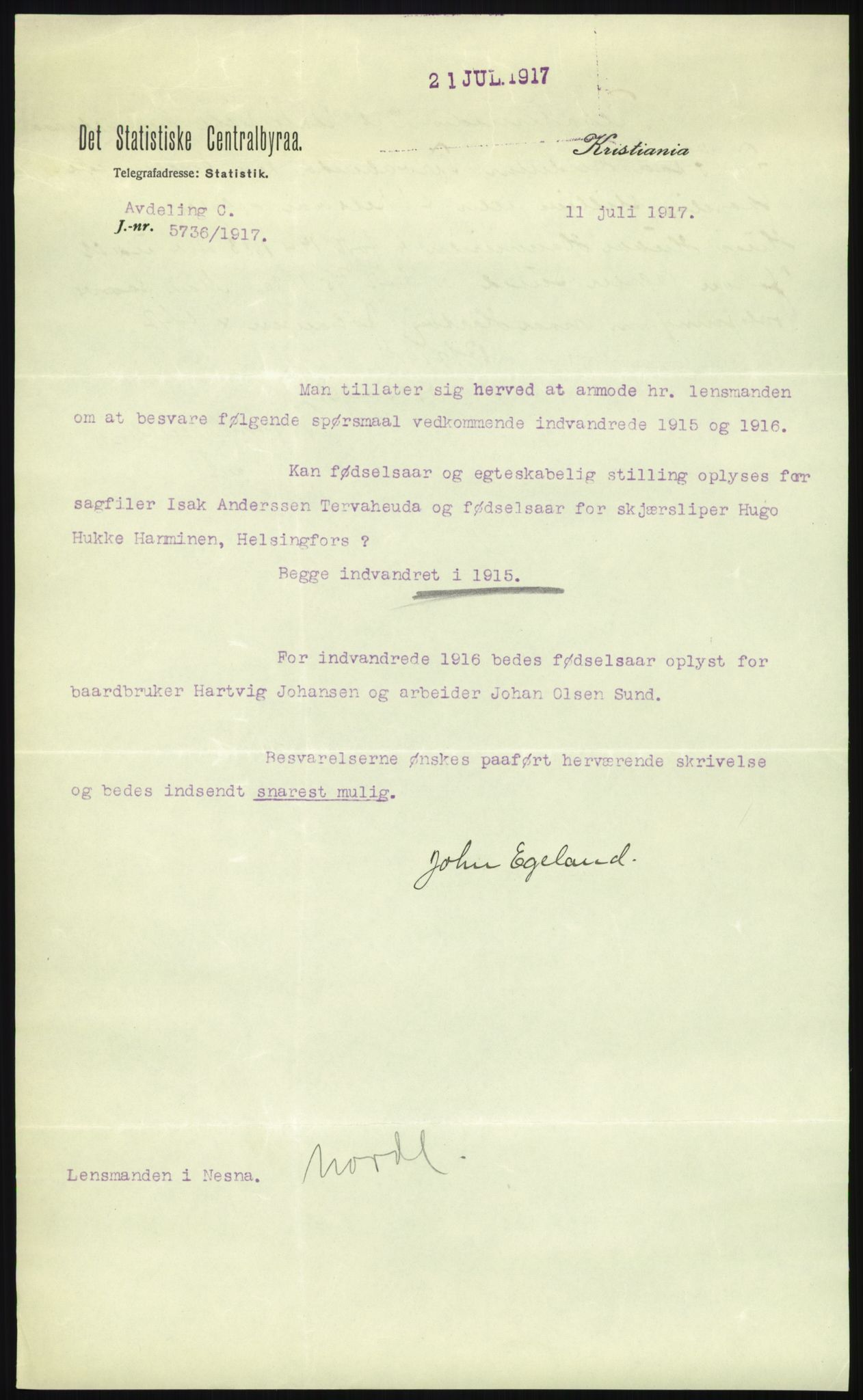 Statistisk sentralbyrå, Sosioøkonomiske emner, Folketellinger, boliger og boforhold, AV/RA-S-2231/F/Fa/L0001: Innvandring. Navn/fylkesvis, 1915, p. 59