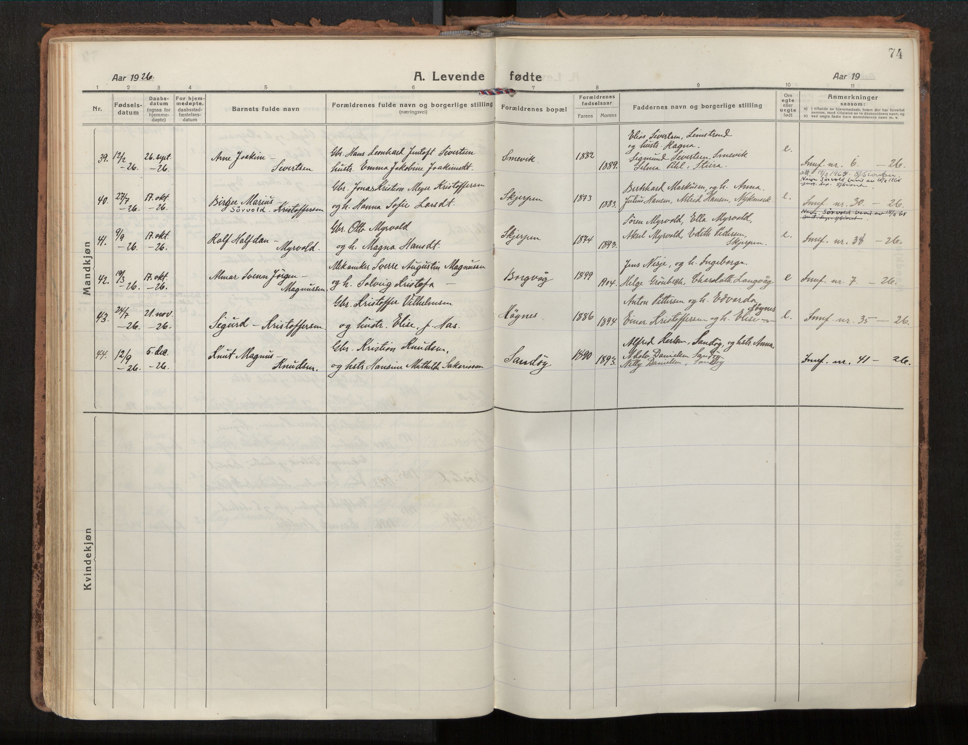 Ministerialprotokoller, klokkerbøker og fødselsregistre - Nordland, SAT/A-1459/880/L1136: Parish register (official) no. 880A10, 1919-1927, p. 74