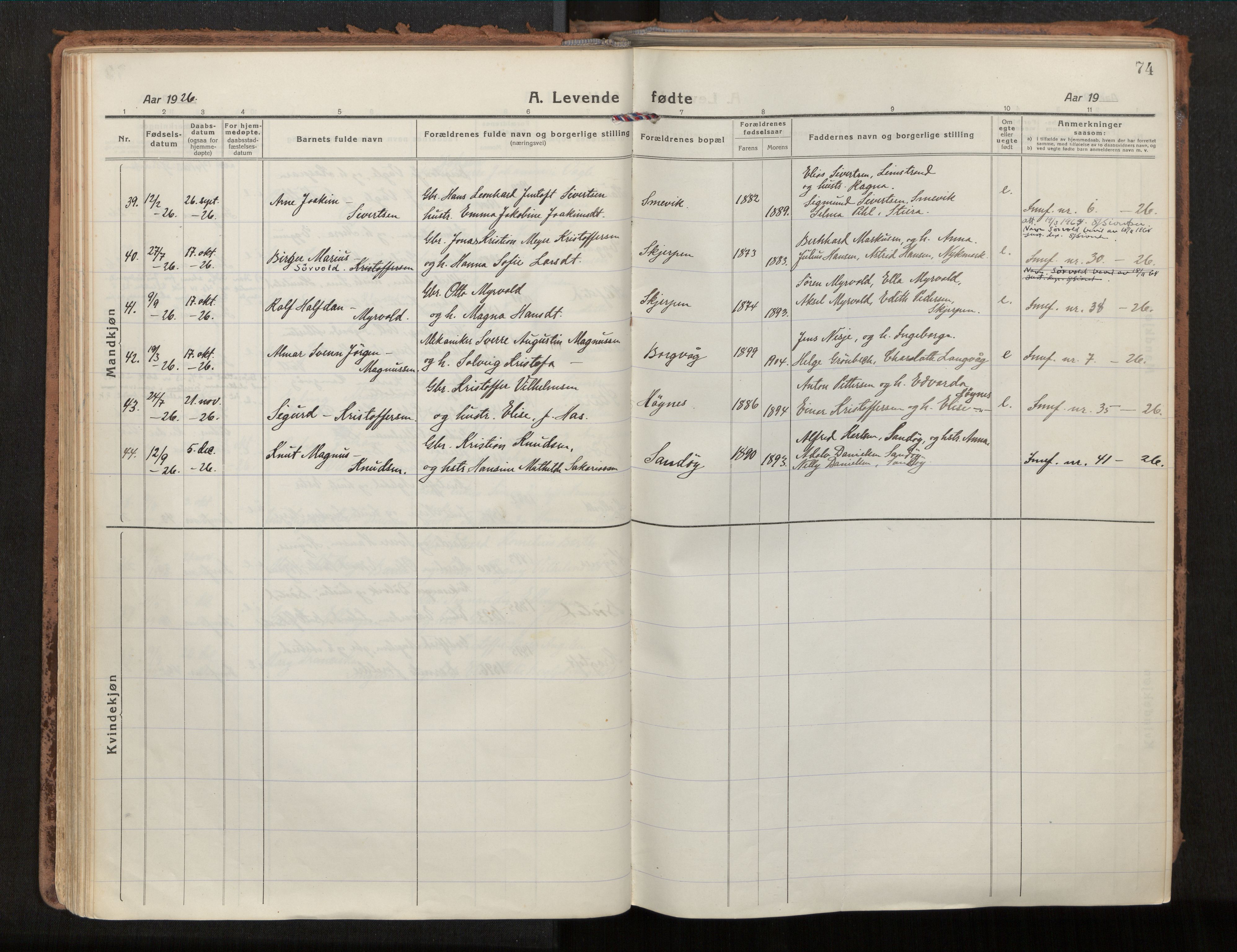 Ministerialprotokoller, klokkerbøker og fødselsregistre - Nordland, AV/SAT-A-1459/880/L1136: Parish register (official) no. 880A10, 1919-1927, p. 74