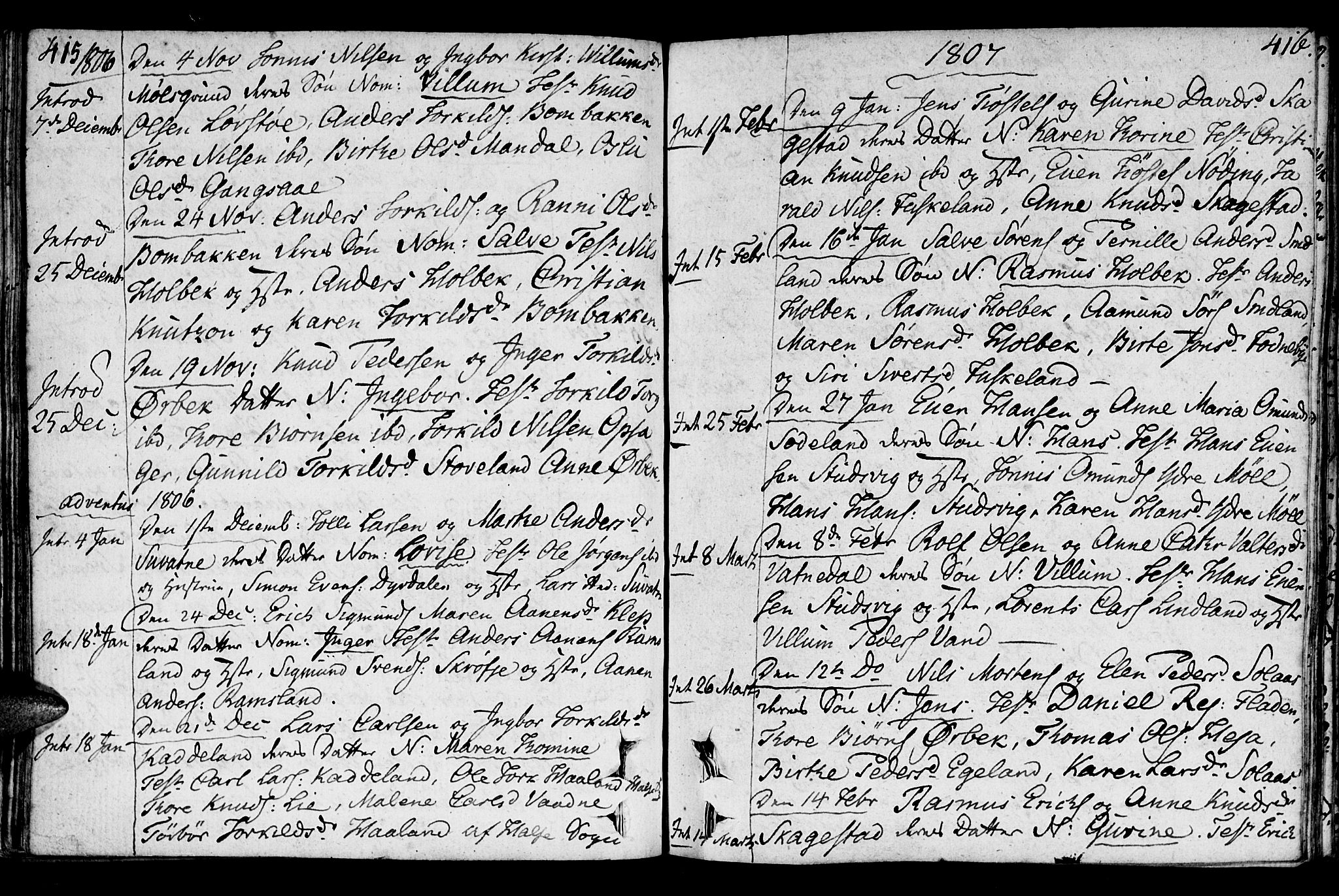 Holum sokneprestkontor, SAK/1111-0022/F/Fa/Faa/L0003: Parish register (official) no. A 3, 1780-1821, p. 415-416