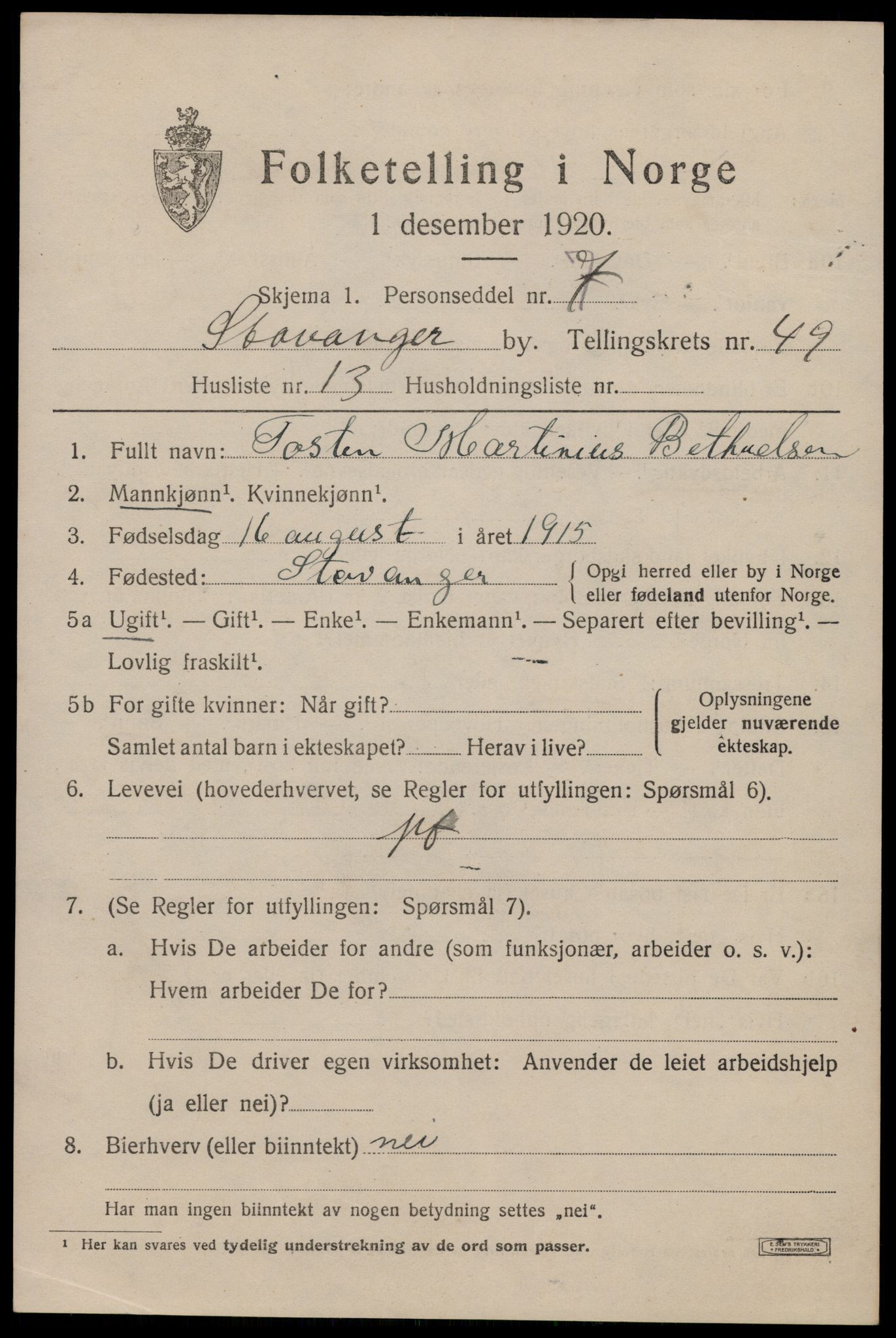 SAST, 1920 census for Stavanger, 1920, p. 118596