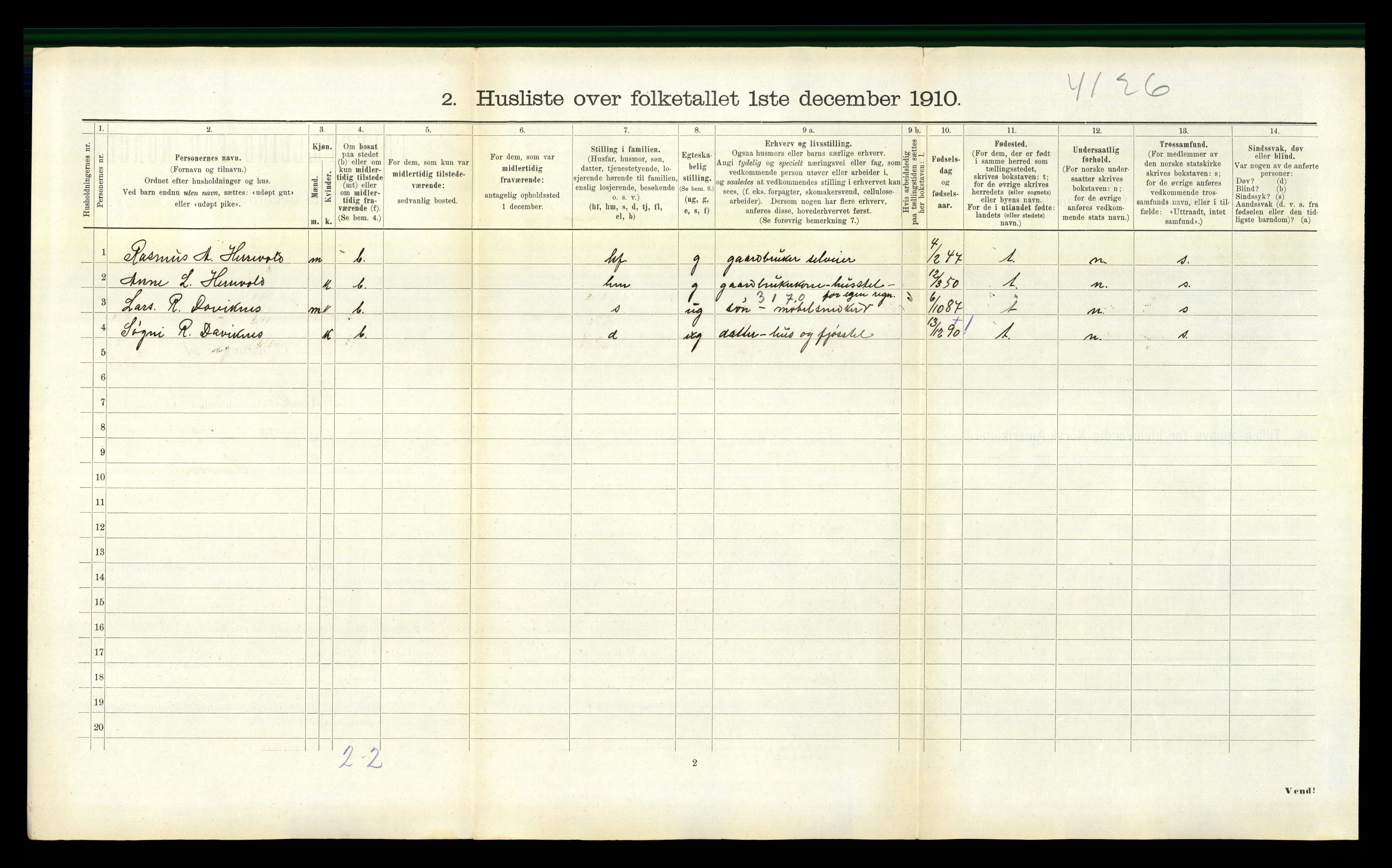 RA, 1910 census for Davik, 1910, p. 285