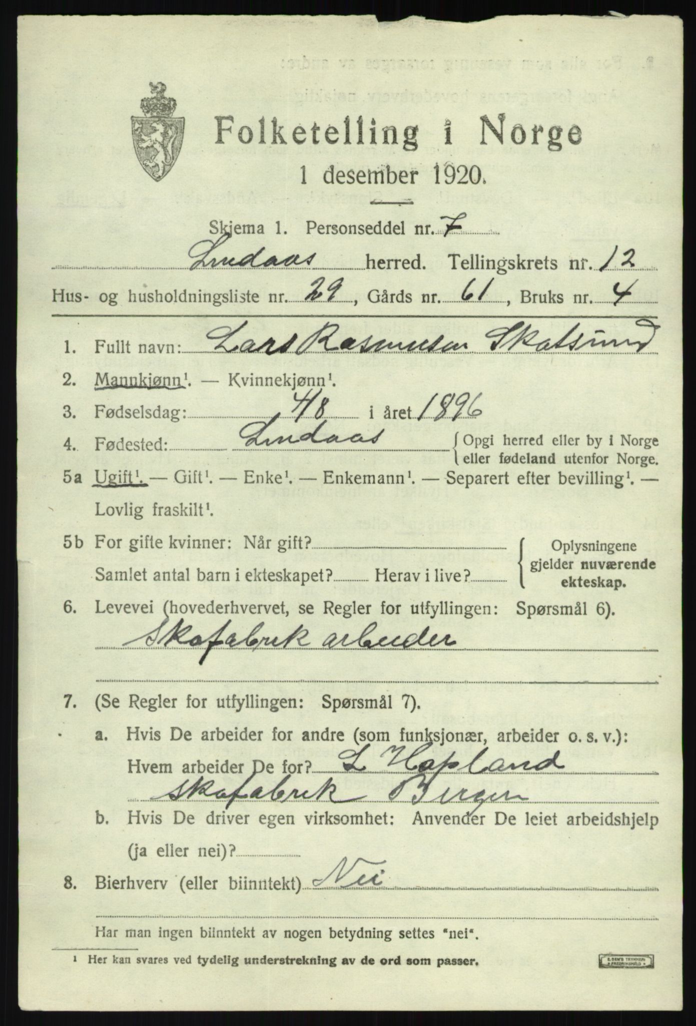 SAB, 1920 census for Lindås, 1920, p. 6301
