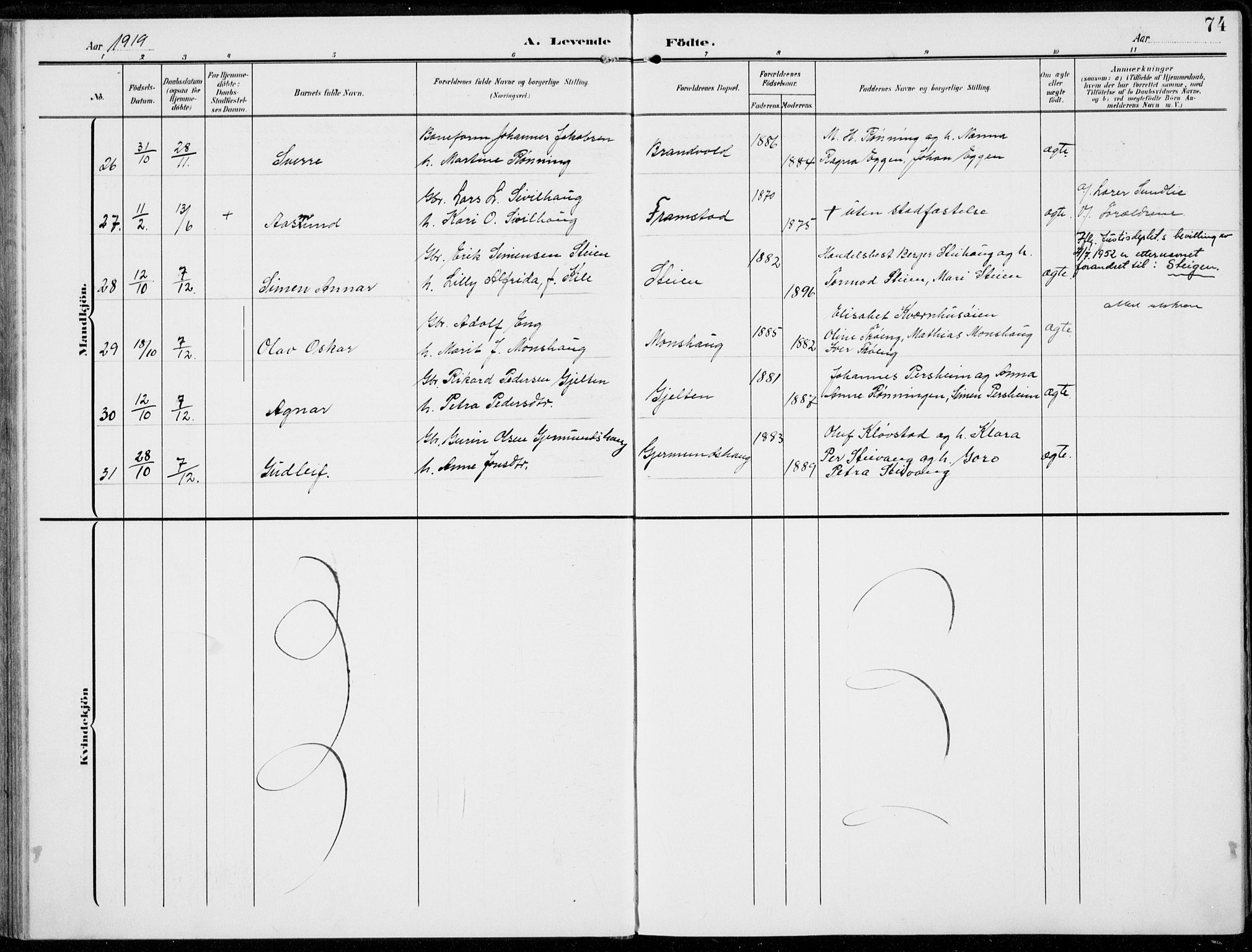 Alvdal prestekontor, AV/SAH-PREST-060/H/Ha/Haa/L0004: Parish register (official) no. 4, 1907-1919, p. 74