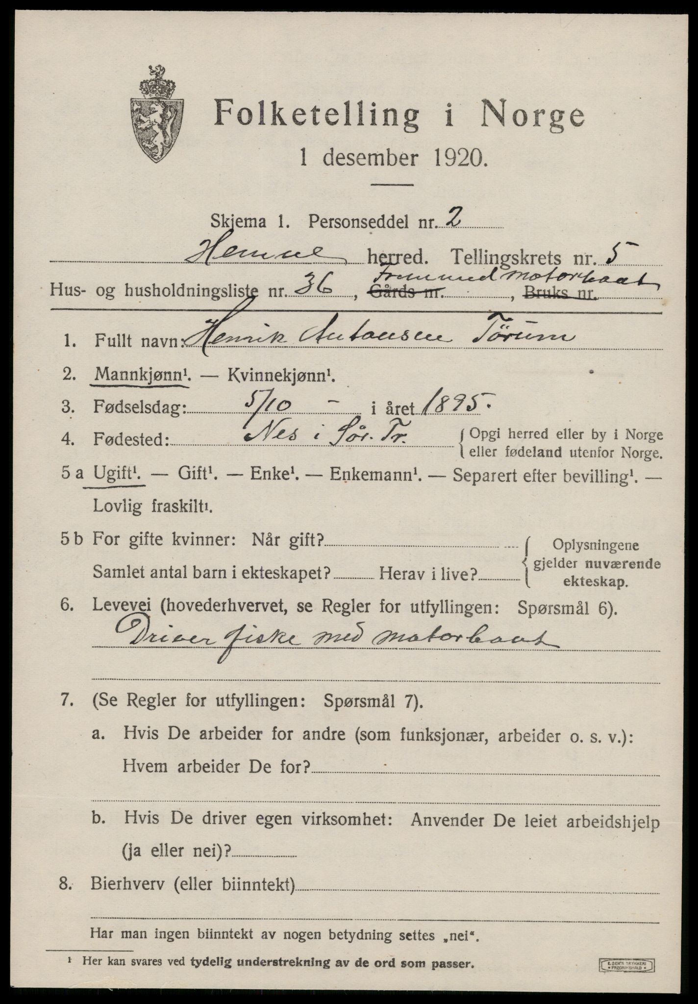 SAT, 1920 census for Hemne, 1920, p. 3518