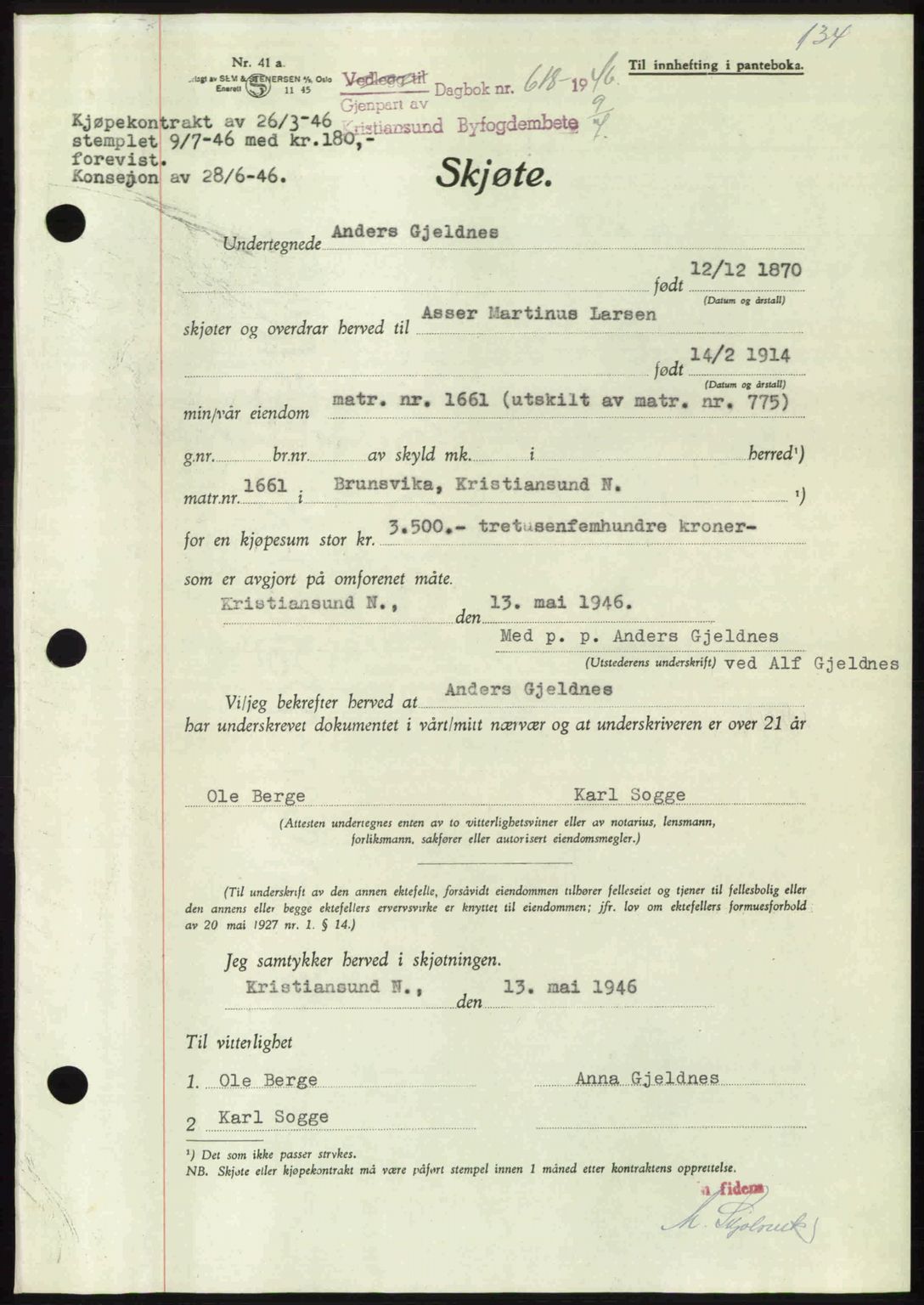 Kristiansund byfogd, AV/SAT-A-4587/A/27: Mortgage book no. 39b, 1946-1947, Diary no: : 618/1946