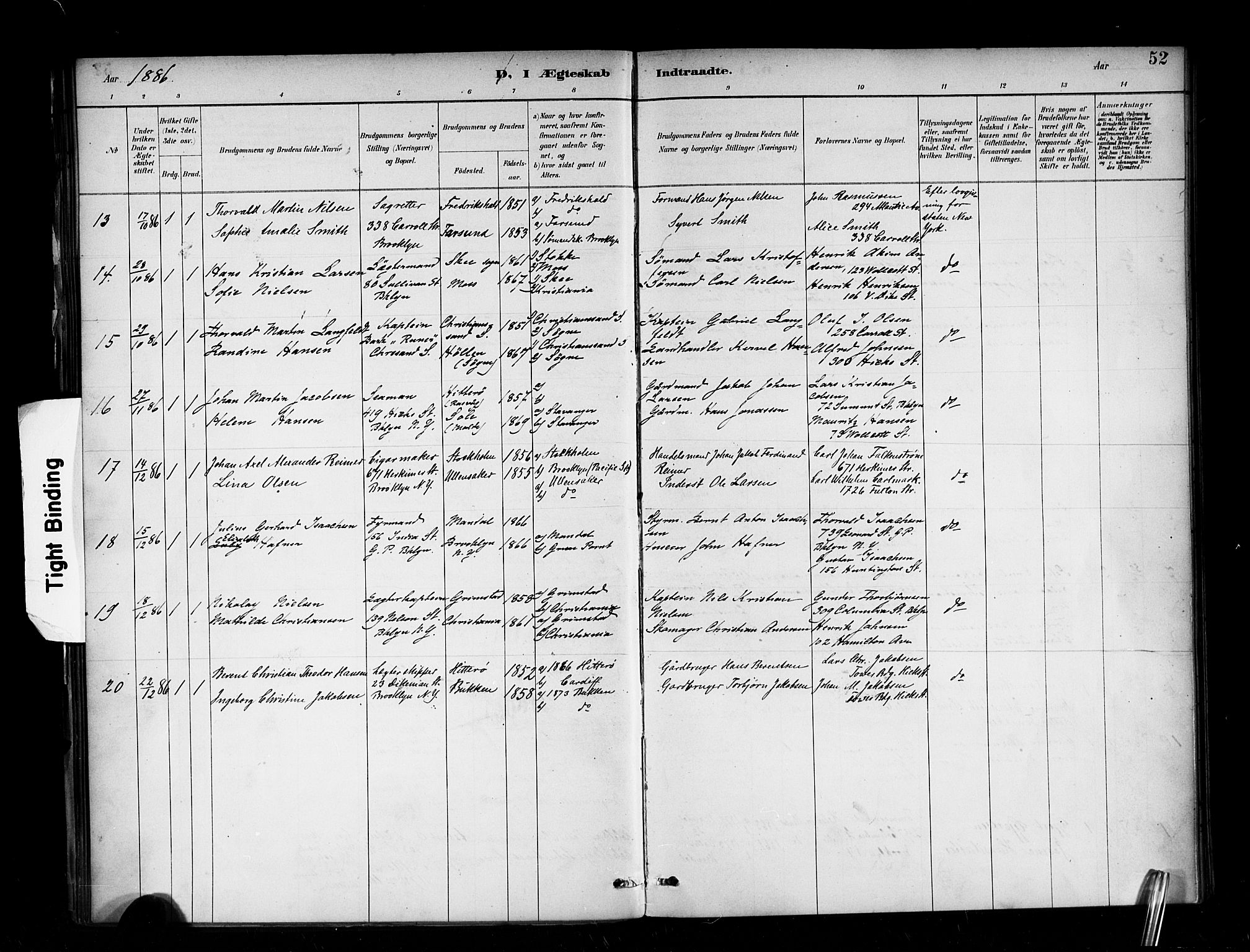 Den norske sjømannsmisjon i utlandet/New York, SAB/SAB/PA-0110/H/Ha/L0002: Parish register (official) no. A 2, 1886-1888, p. 52