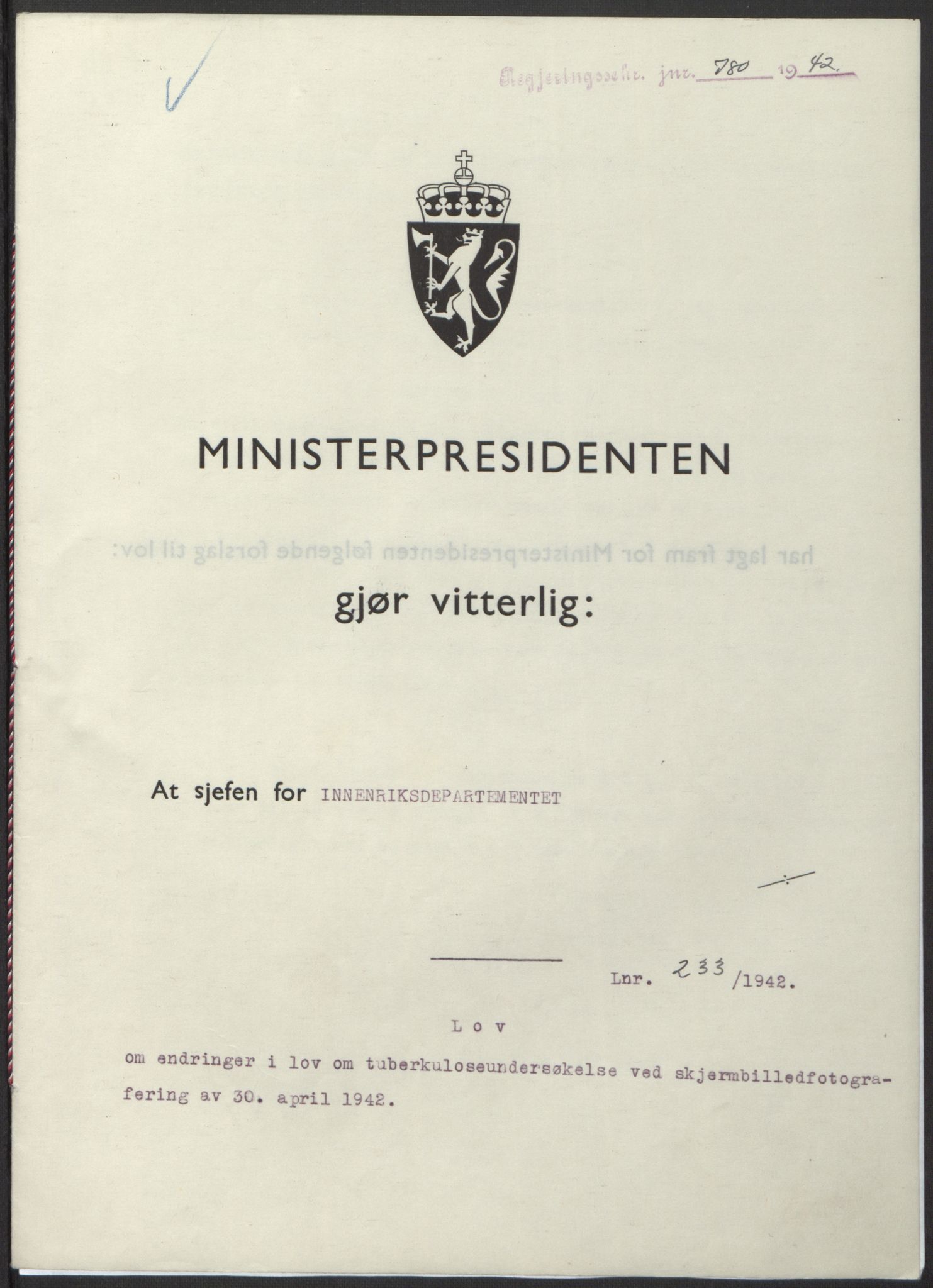 NS-administrasjonen 1940-1945 (Statsrådsekretariatet, de kommisariske statsråder mm), RA/S-4279/D/Db/L0098: Lover II, 1942, p. 577