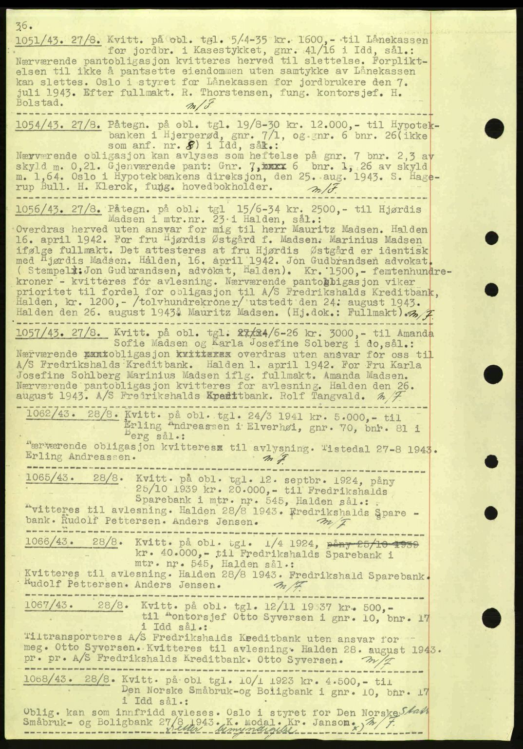 Idd og Marker sorenskriveri, AV/SAO-A-10283/G/Gb/Gbc/L0002: Mortgage book no. B4-9a, 1939-1945, Diary no: : 1051/1943