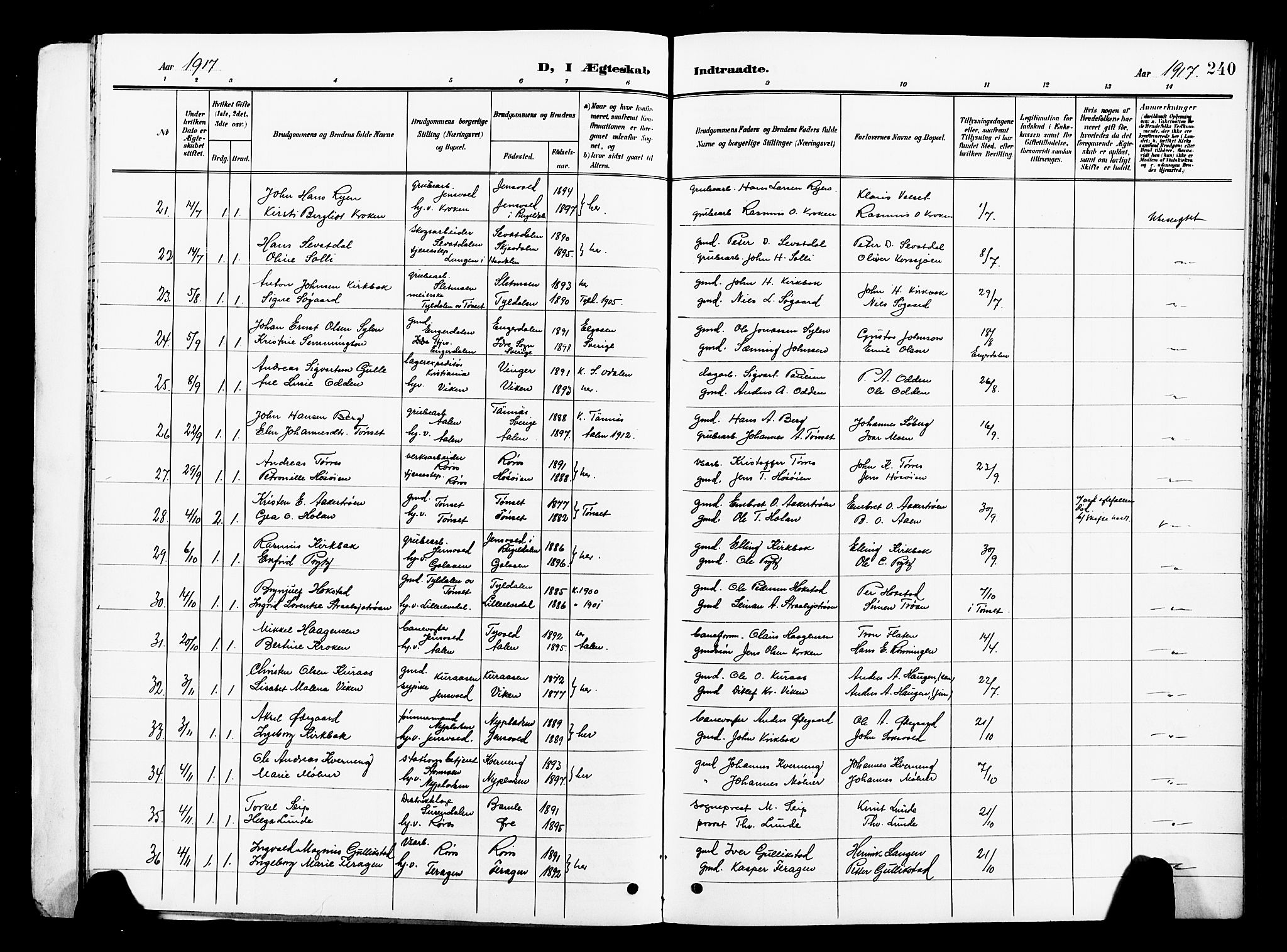 Ministerialprotokoller, klokkerbøker og fødselsregistre - Sør-Trøndelag, SAT/A-1456/681/L0942: Parish register (copy) no. 681C06, 1906-1925, p. 240