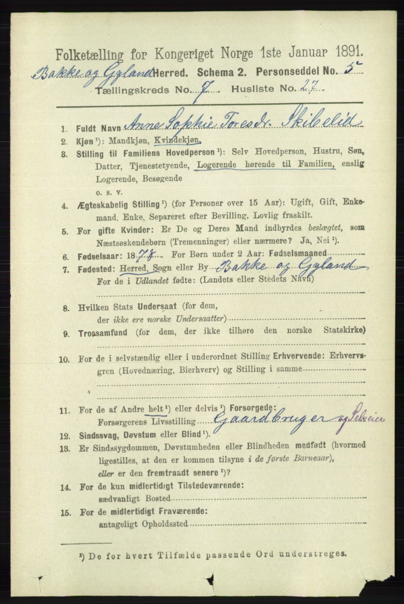 RA, 1891 census for 1045 Bakke, 1891, p. 1439