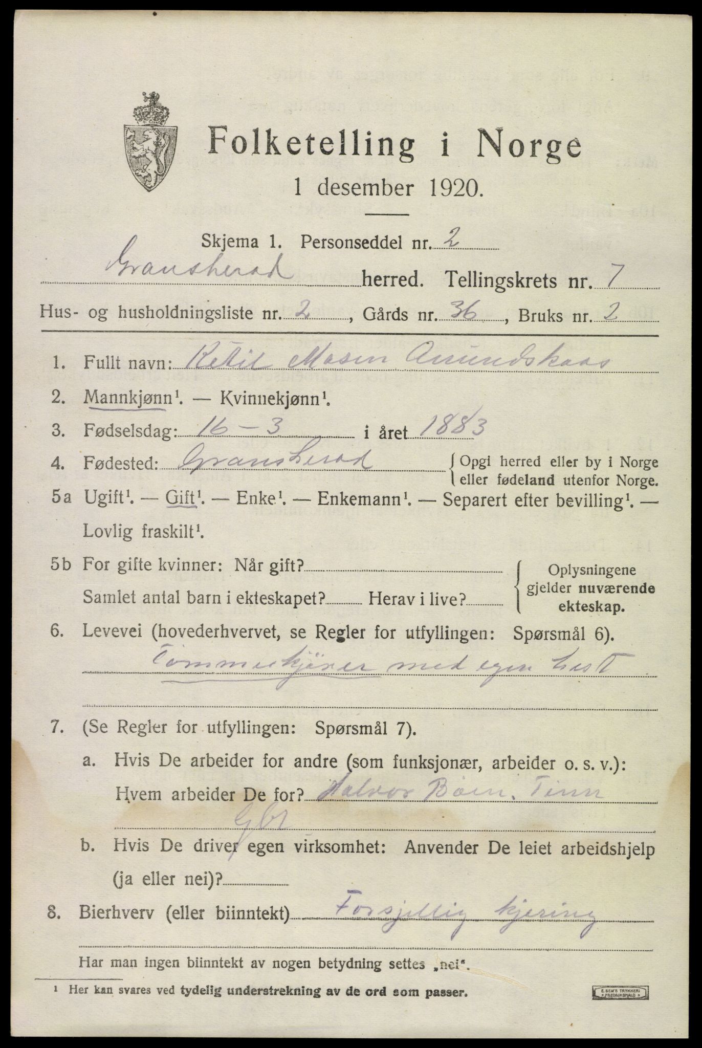 SAKO, 1920 census for Gransherad, 1920, p. 2738