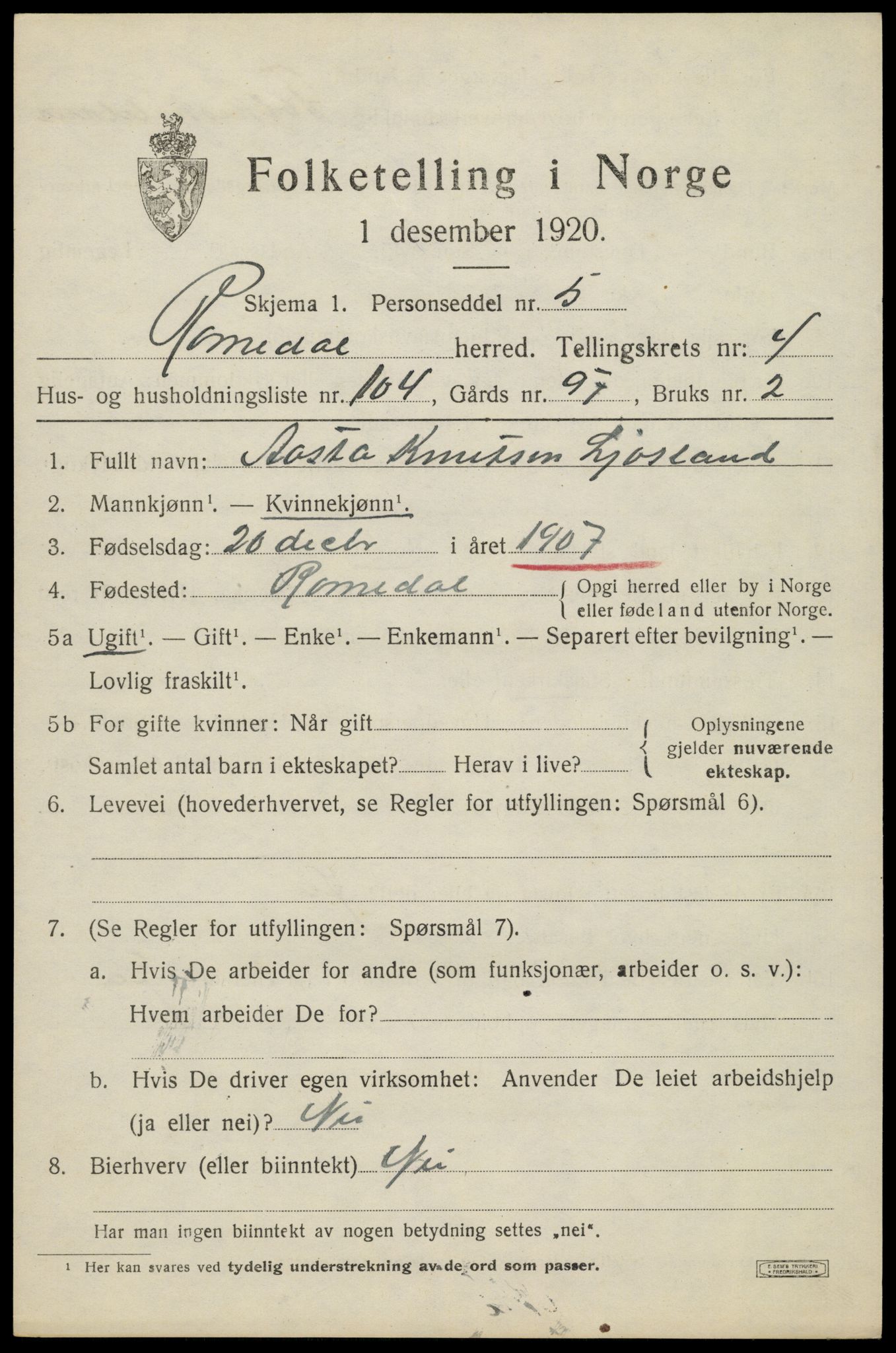 SAH, 1920 census for Romedal, 1920, p. 6935