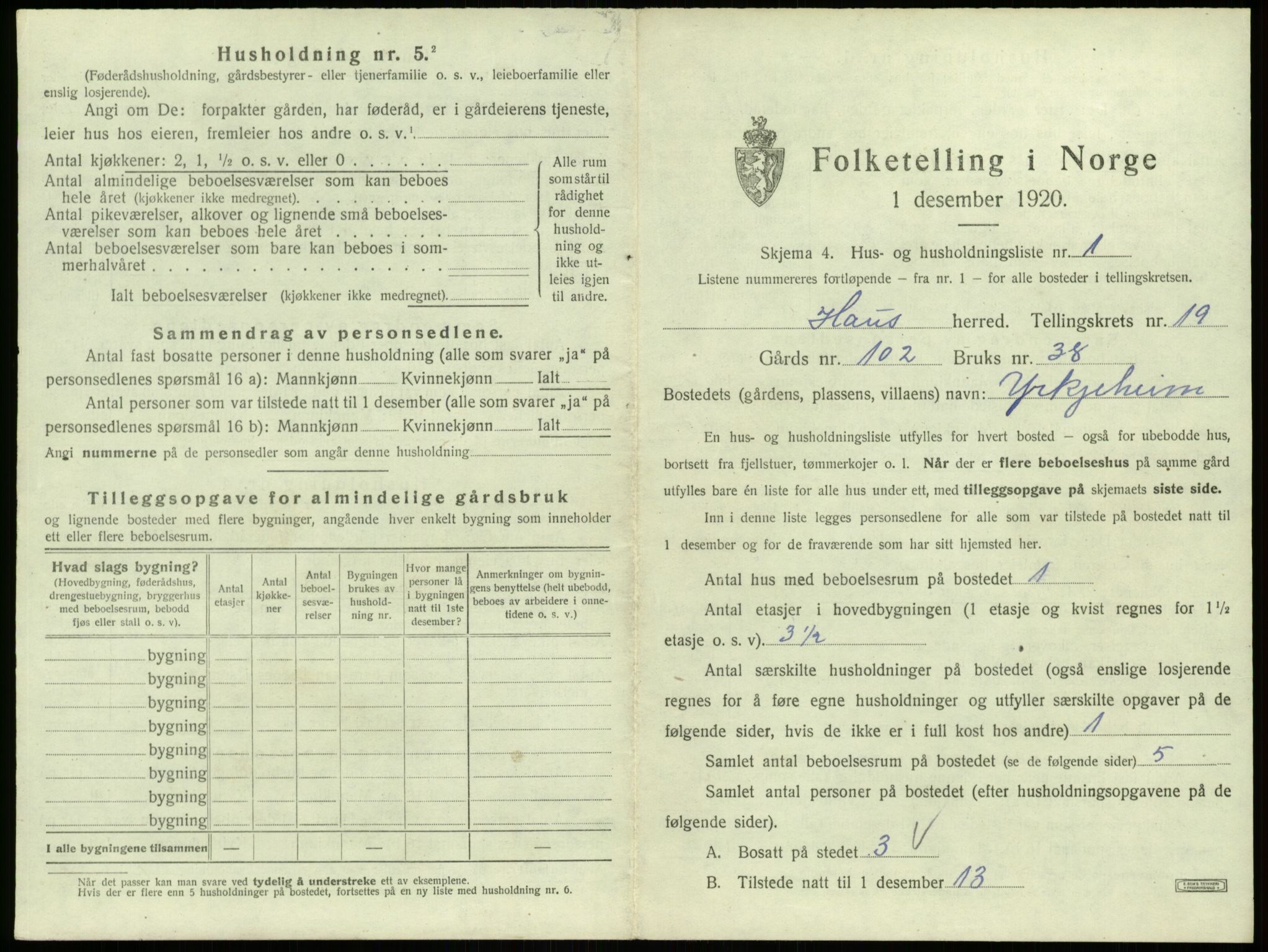 SAB, 1920 census for Haus, 1920, p. 1613