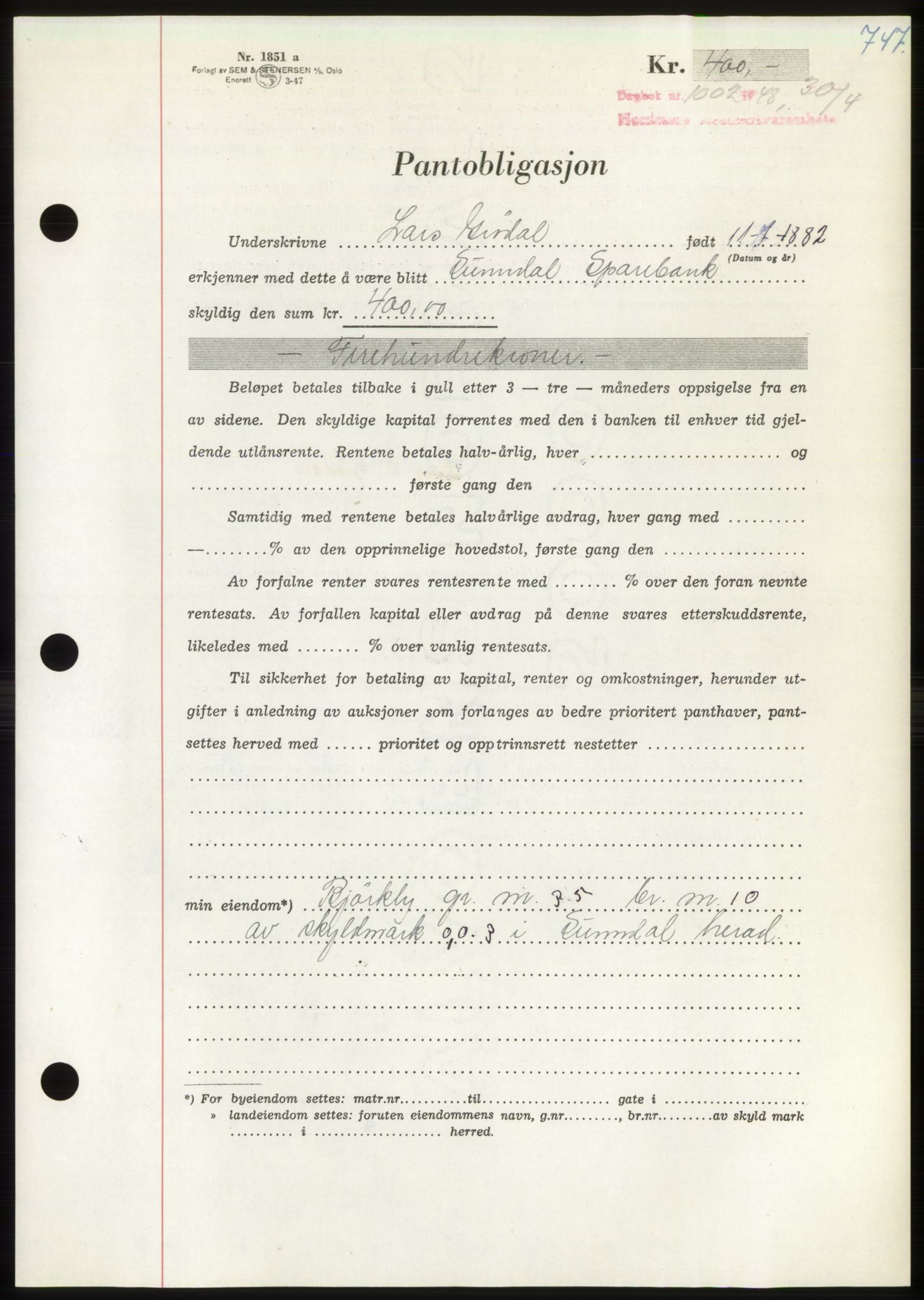 Nordmøre sorenskriveri, AV/SAT-A-4132/1/2/2Ca: Mortgage book no. B98, 1948-1948, Diary no: : 1002/1948