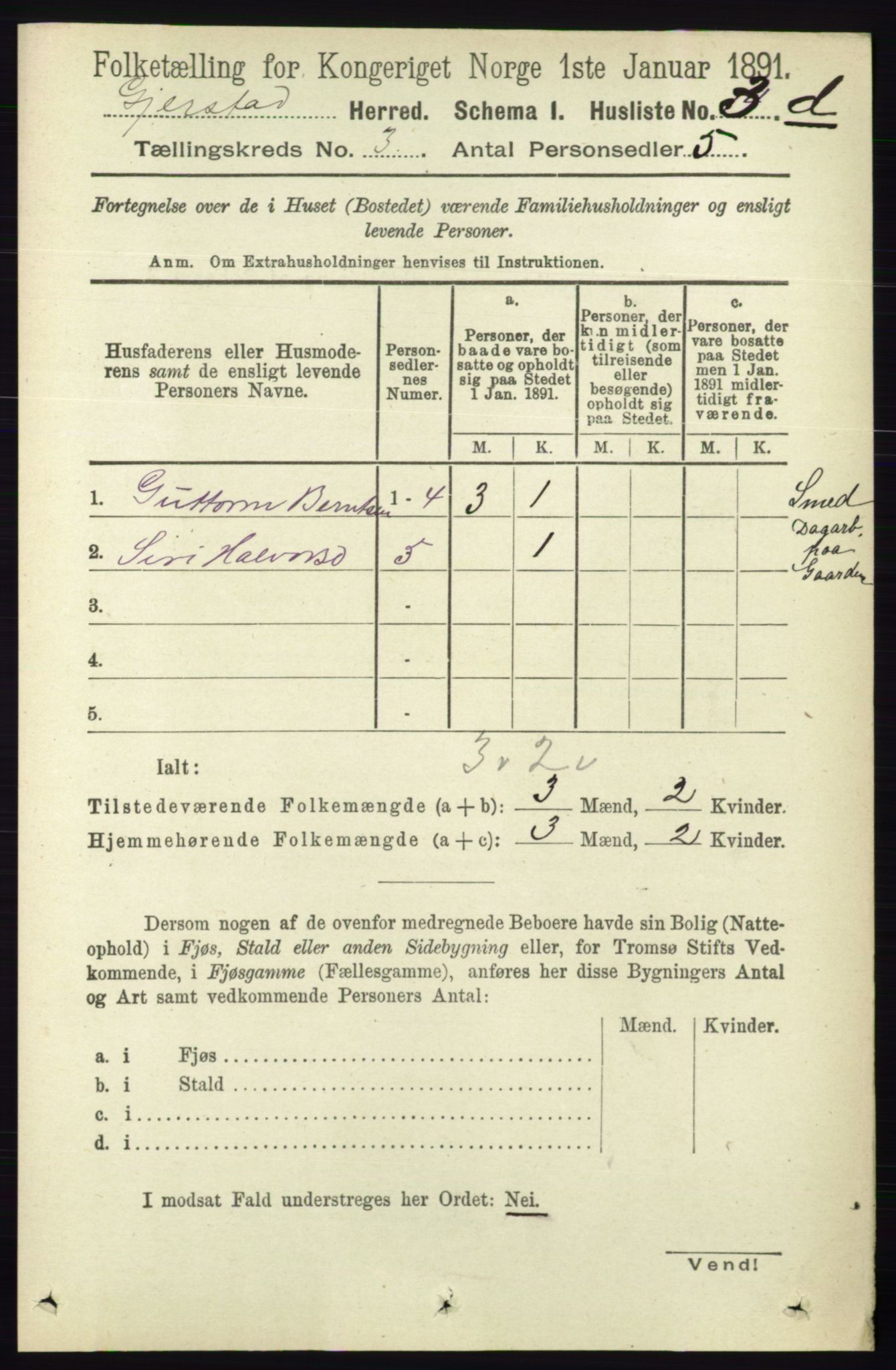 RA, 1891 census for 0911 Gjerstad, 1891, p. 1000