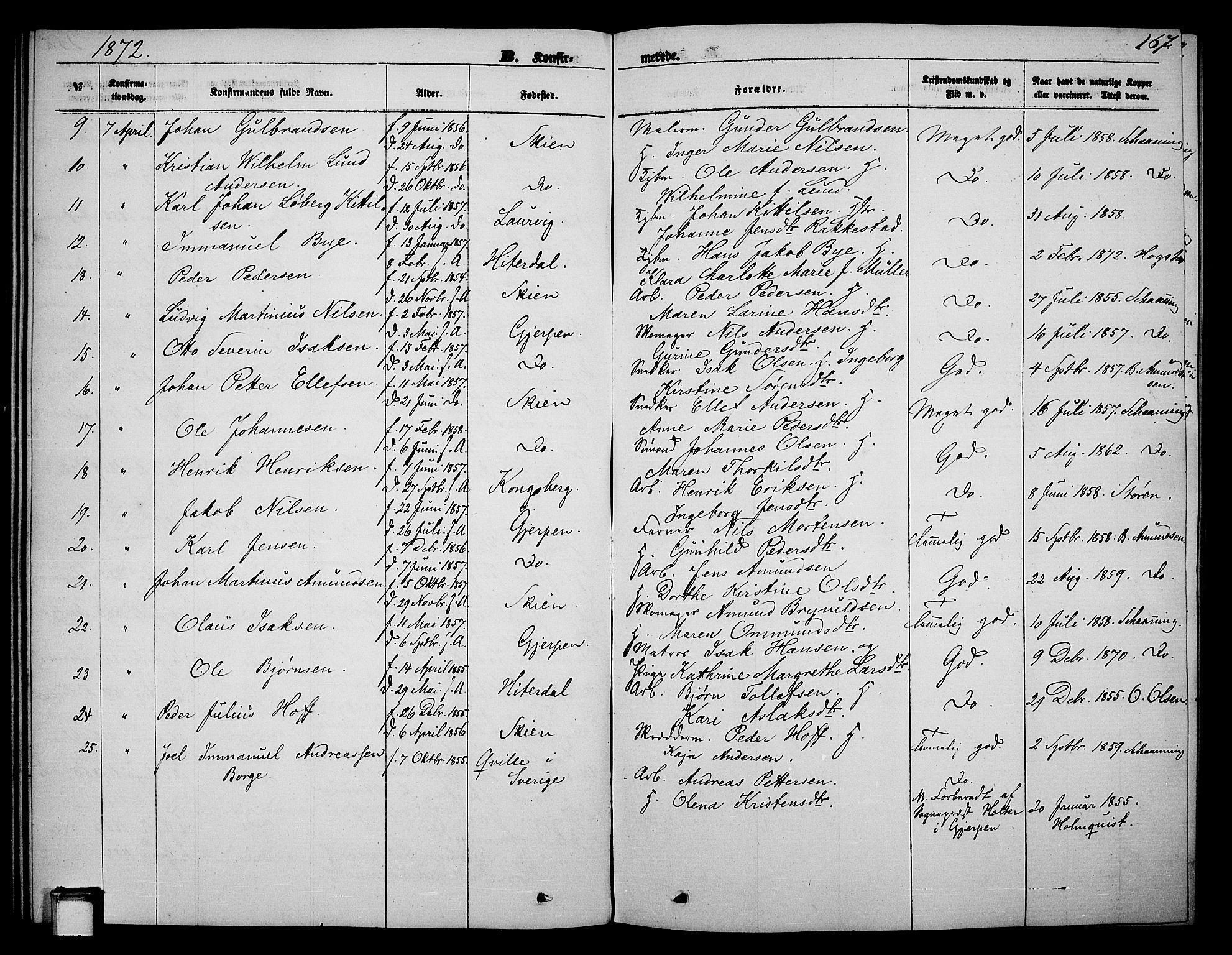 Skien kirkebøker, SAKO/A-302/G/Ga/L0005: Parish register (copy) no. 5, 1868-1880, p. 167
