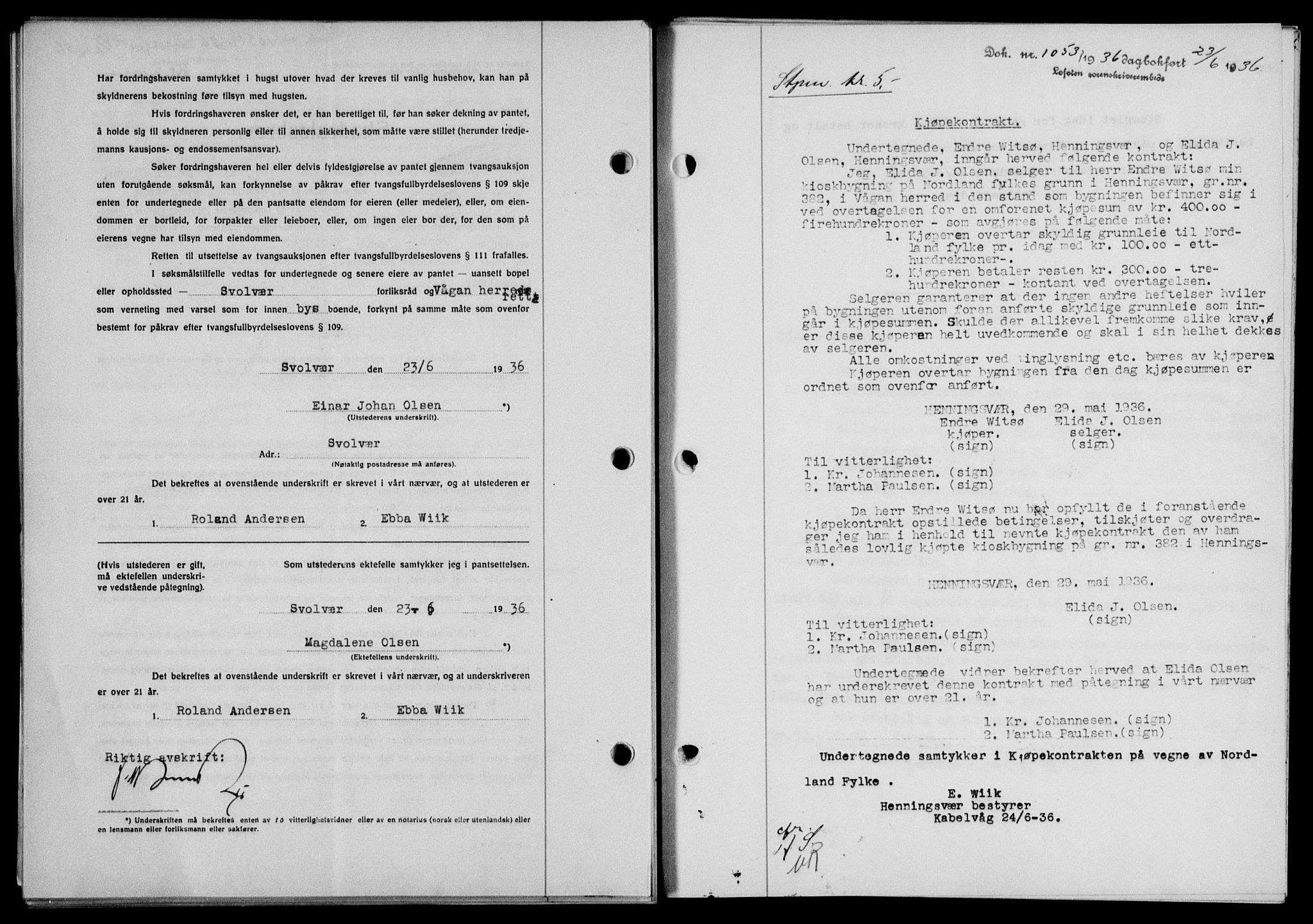 Lofoten sorenskriveri, SAT/A-0017/1/2/2C/L0033b: Mortgage book no. 33b, 1936-1936, Diary no: : 1053/1936