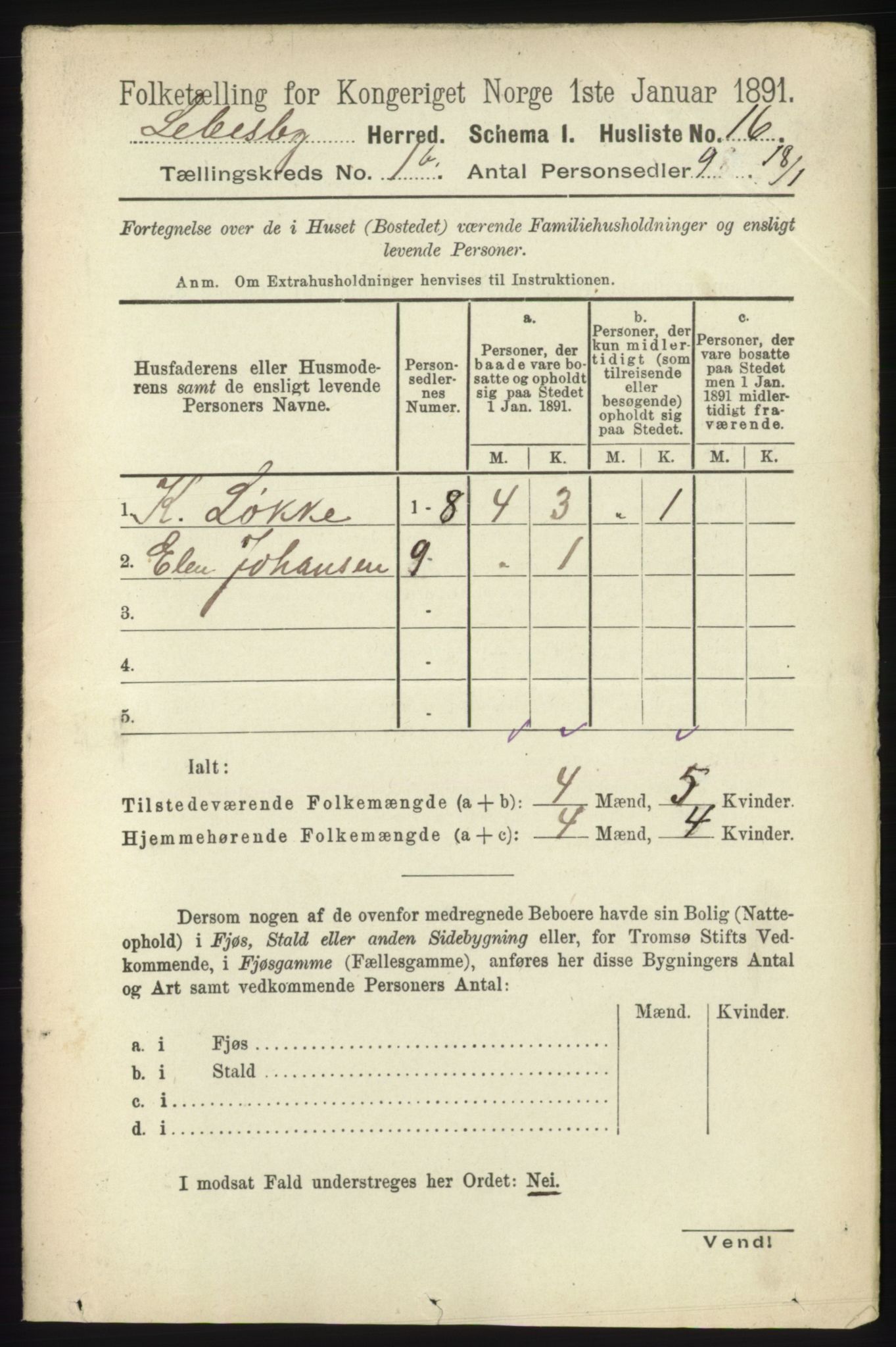 RA, 1891 census for 2022 Lebesby, 1891, p. 94