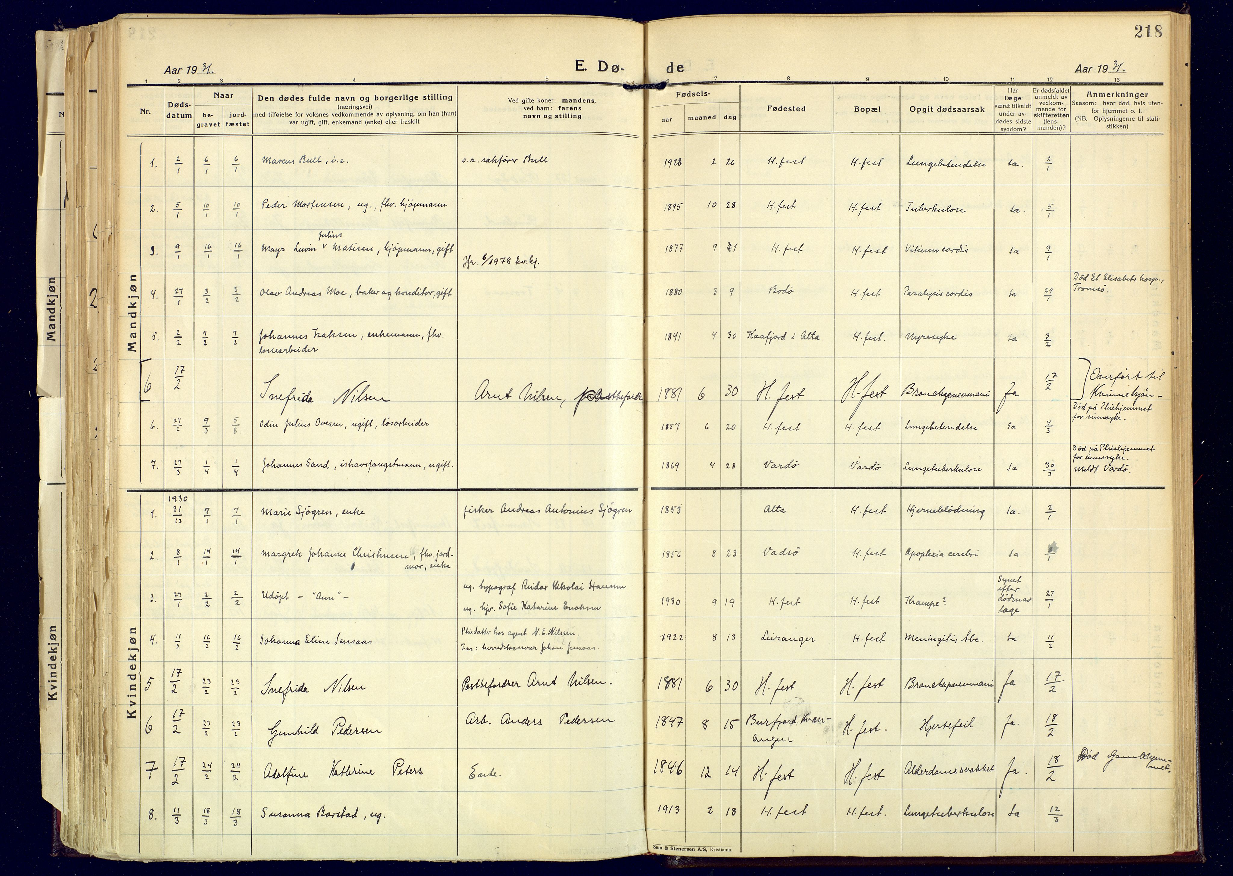 Hammerfest sokneprestkontor, AV/SATØ-S-1347/H/Ha/L0017.kirke: Parish register (official) no. 17, 1923-1933, p. 218