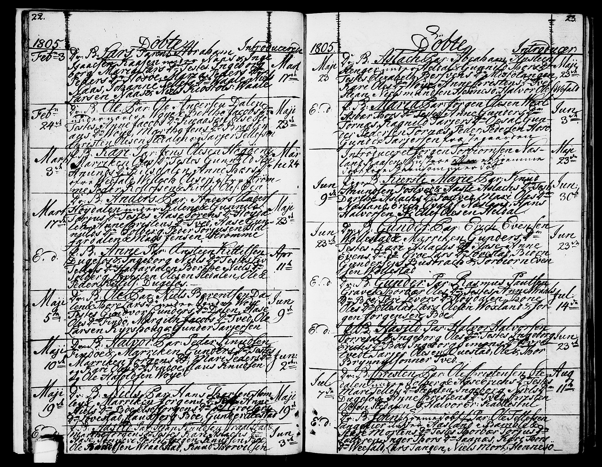 Drangedal kirkebøker, SAKO/A-258/F/Fa/L0004: Parish register (official) no. 4, 1802-1814, p. 22-23