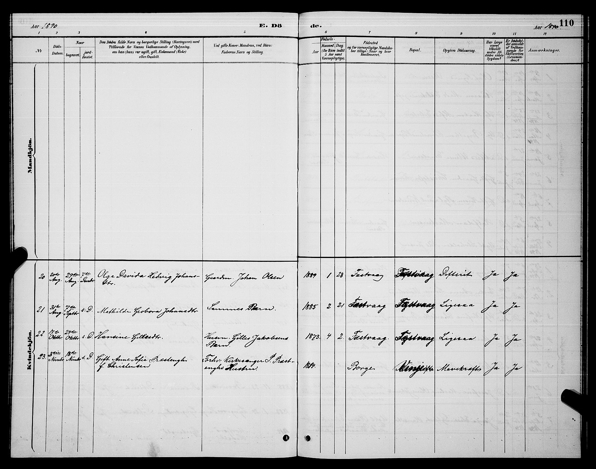 Ministerialprotokoller, klokkerbøker og fødselsregistre - Nordland, AV/SAT-A-1459/876/L1104: Parish register (copy) no. 876C03, 1886-1896, p. 110