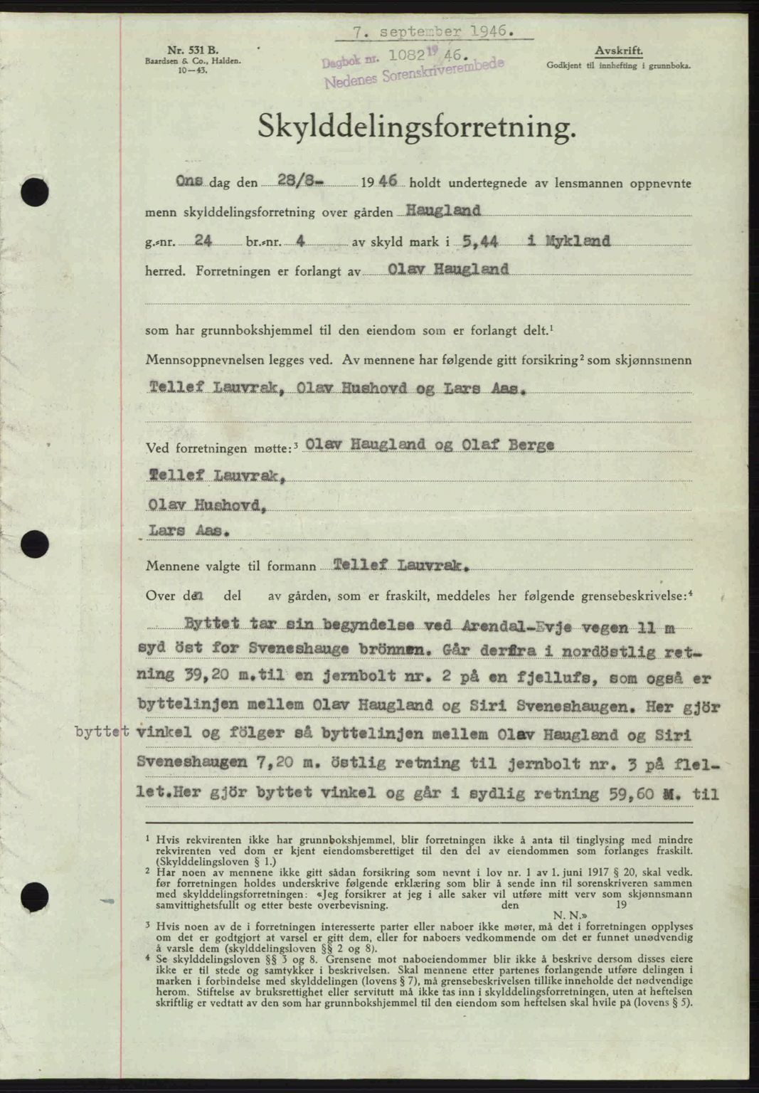 Nedenes sorenskriveri, SAK/1221-0006/G/Gb/Gba/L0056: Mortgage book no. A8, 1946-1947, Diary no: : 1082/1946