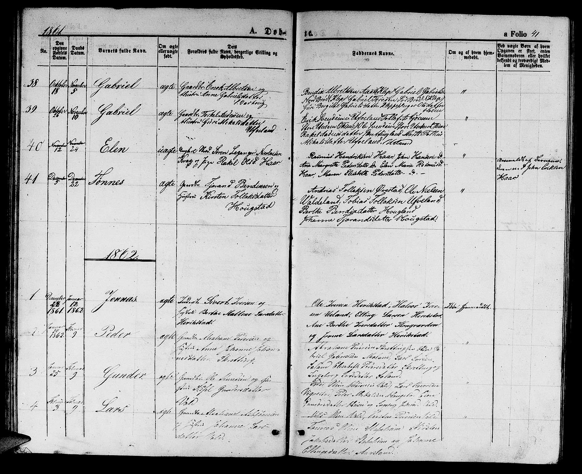 Hå sokneprestkontor, AV/SAST-A-101801/001/30BB/L0002: Parish register (copy) no. B 2, 1854-1883, p. 41