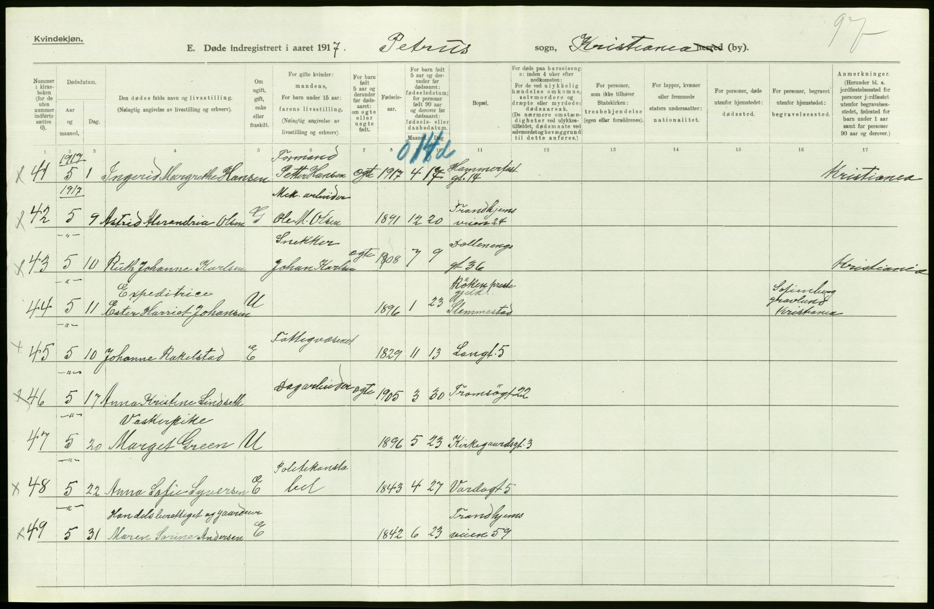 Statistisk sentralbyrå, Sosiodemografiske emner, Befolkning, AV/RA-S-2228/D/Df/Dfb/Dfbg/L0010: Kristiania: Døde, 1917, p. 222