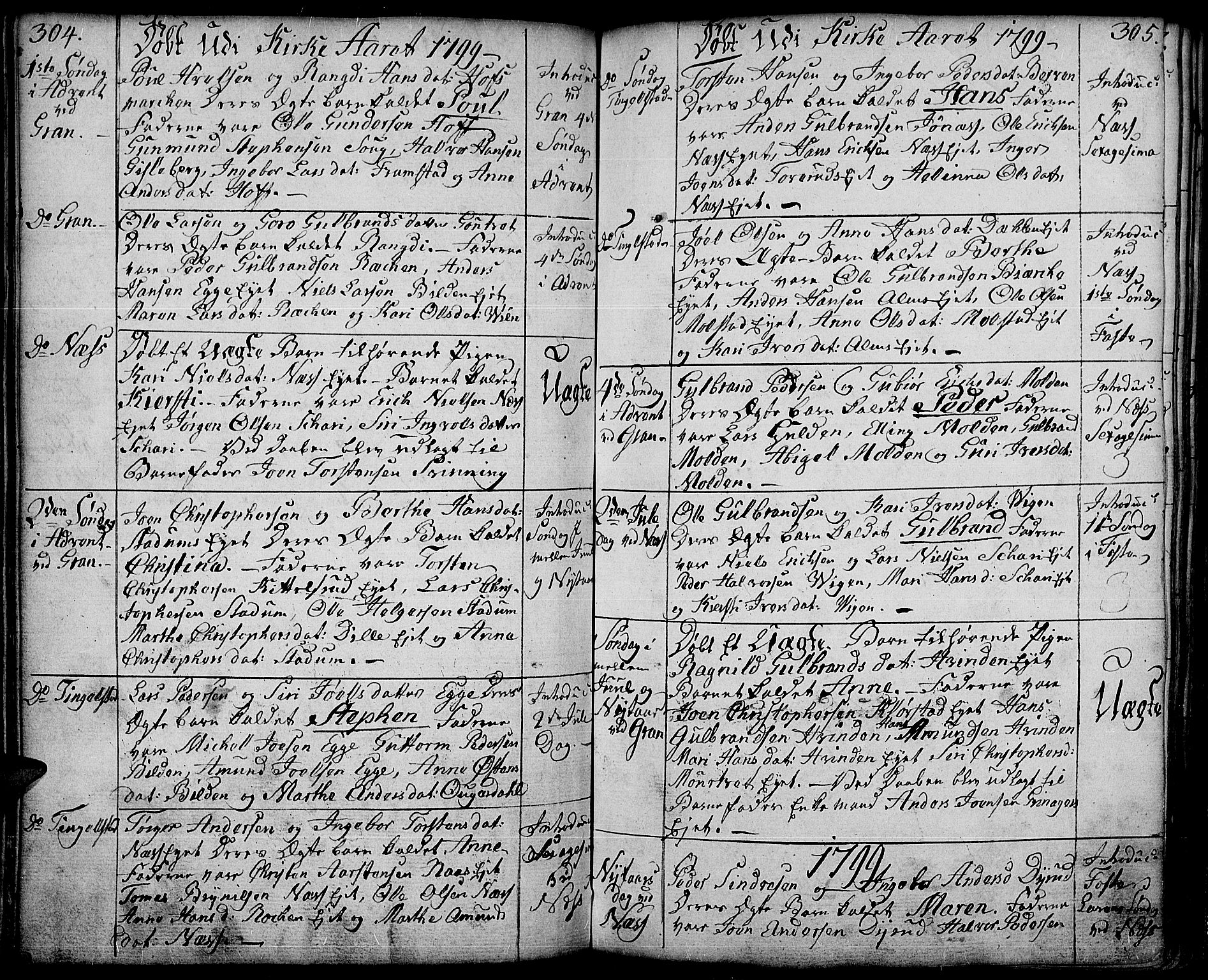 Gran prestekontor, SAH/PREST-112/H/Ha/Haa/L0006: Parish register (official) no. 6, 1787-1824, p. 304-305