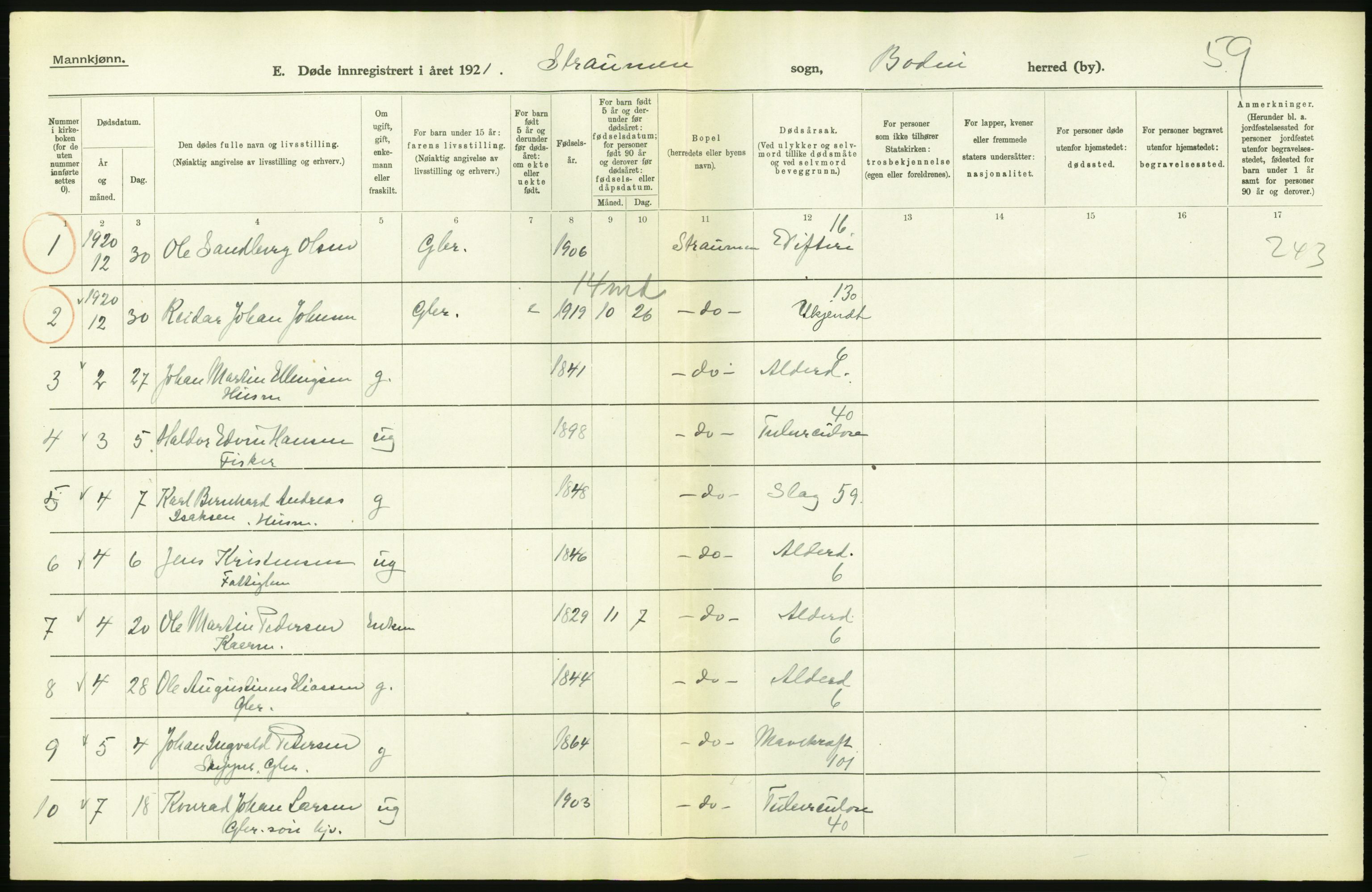 Statistisk sentralbyrå, Sosiodemografiske emner, Befolkning, AV/RA-S-2228/D/Df/Dfc/Dfca/L0051: Nordland fylke: Døde. Bygder og byer., 1921