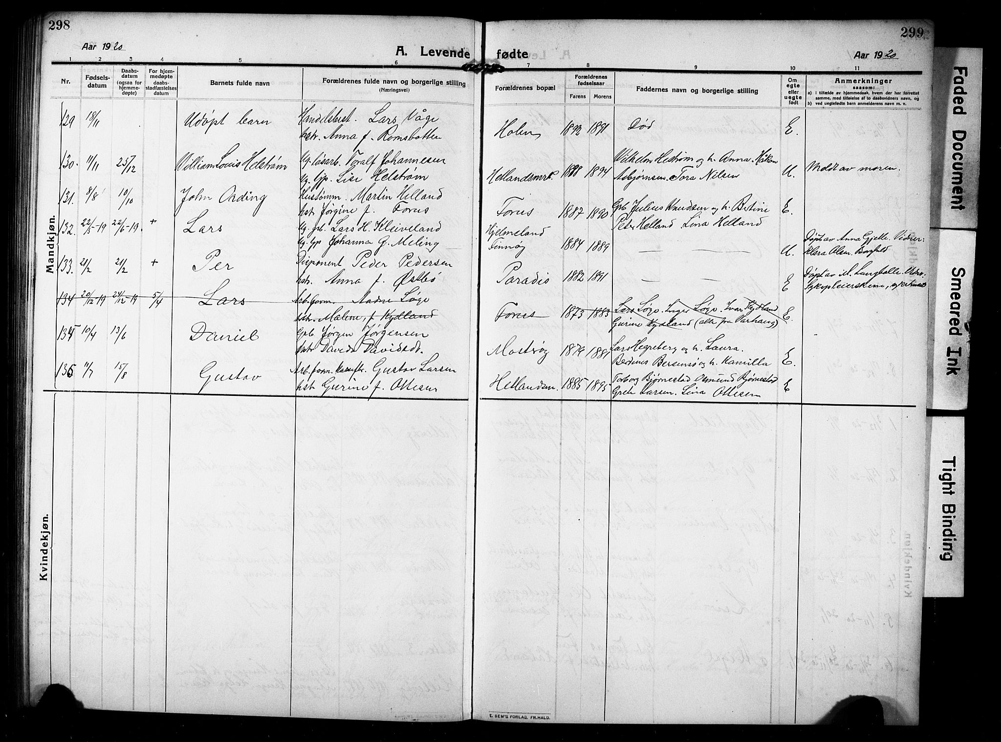 Hetland sokneprestkontor, SAST/A-101826/30/30BB/L0008: Parish register (copy) no. B 8, 1910-1921, p. 298-299