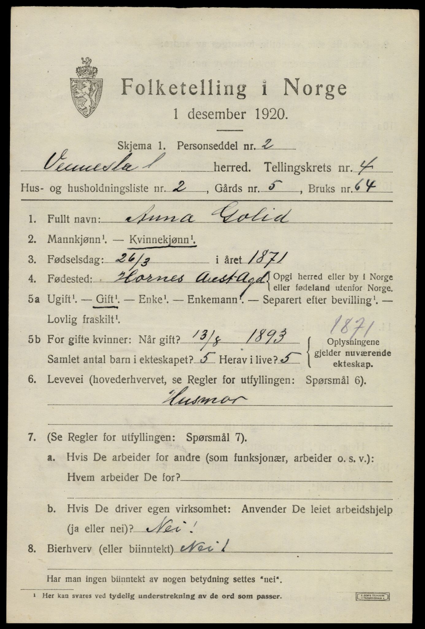 SAK, 1920 census for Vennesla, 1920, p. 2666