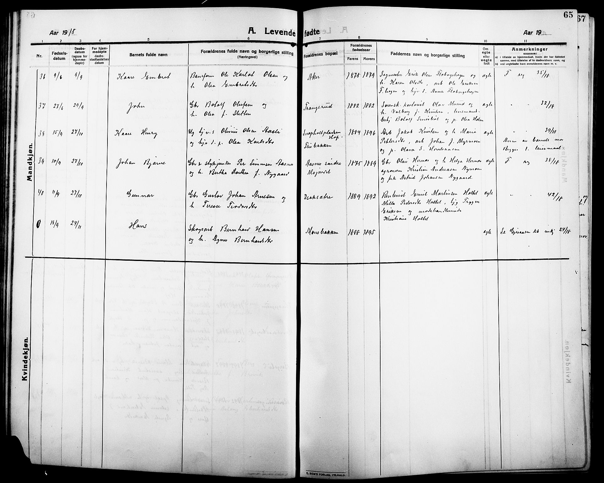 Åsnes prestekontor, SAH/PREST-042/H/Ha/Hab/L0007: Parish register (copy) no. 7, 1909-1926, p. 65