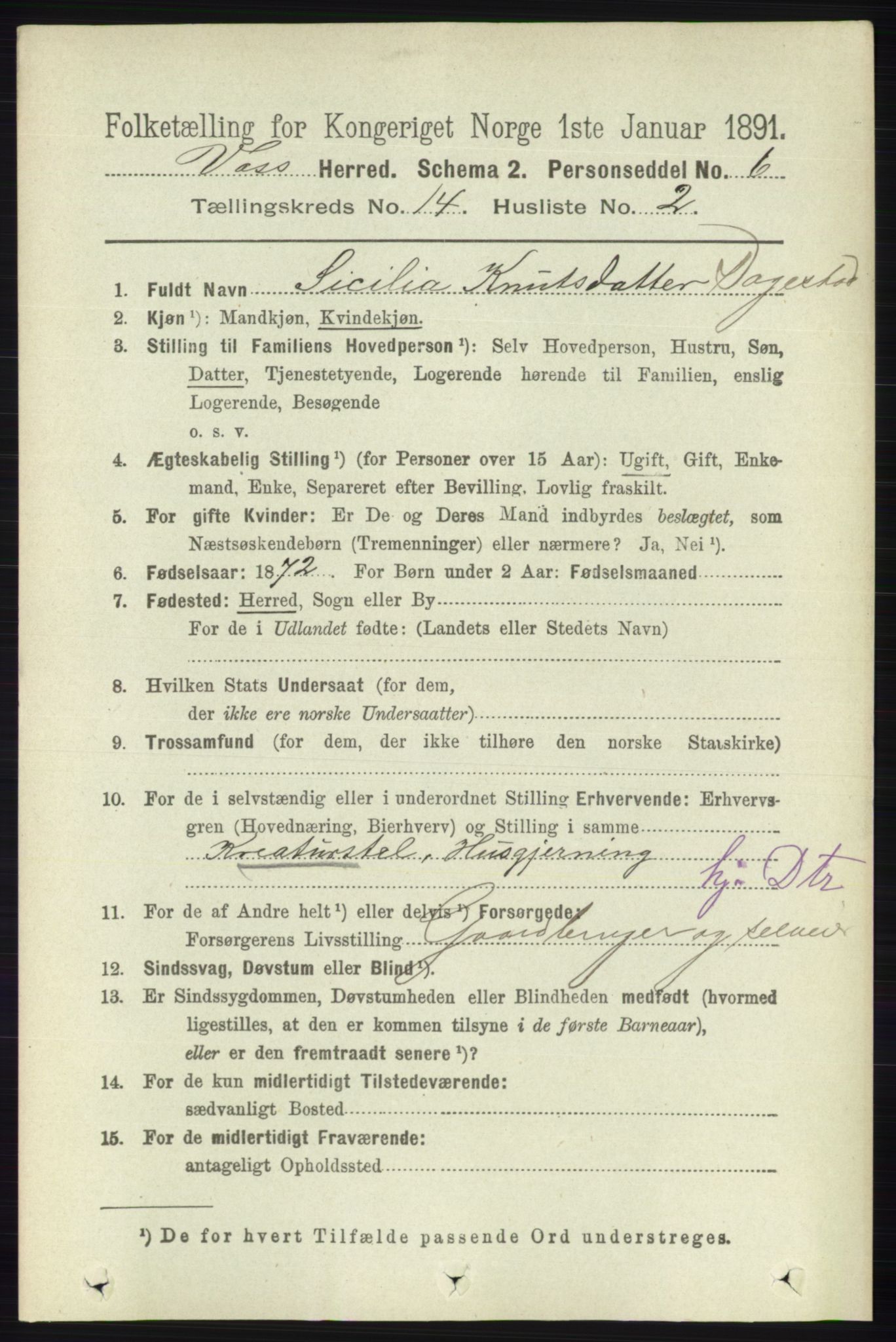 RA, 1891 census for 1235 Voss, 1891, p. 7272