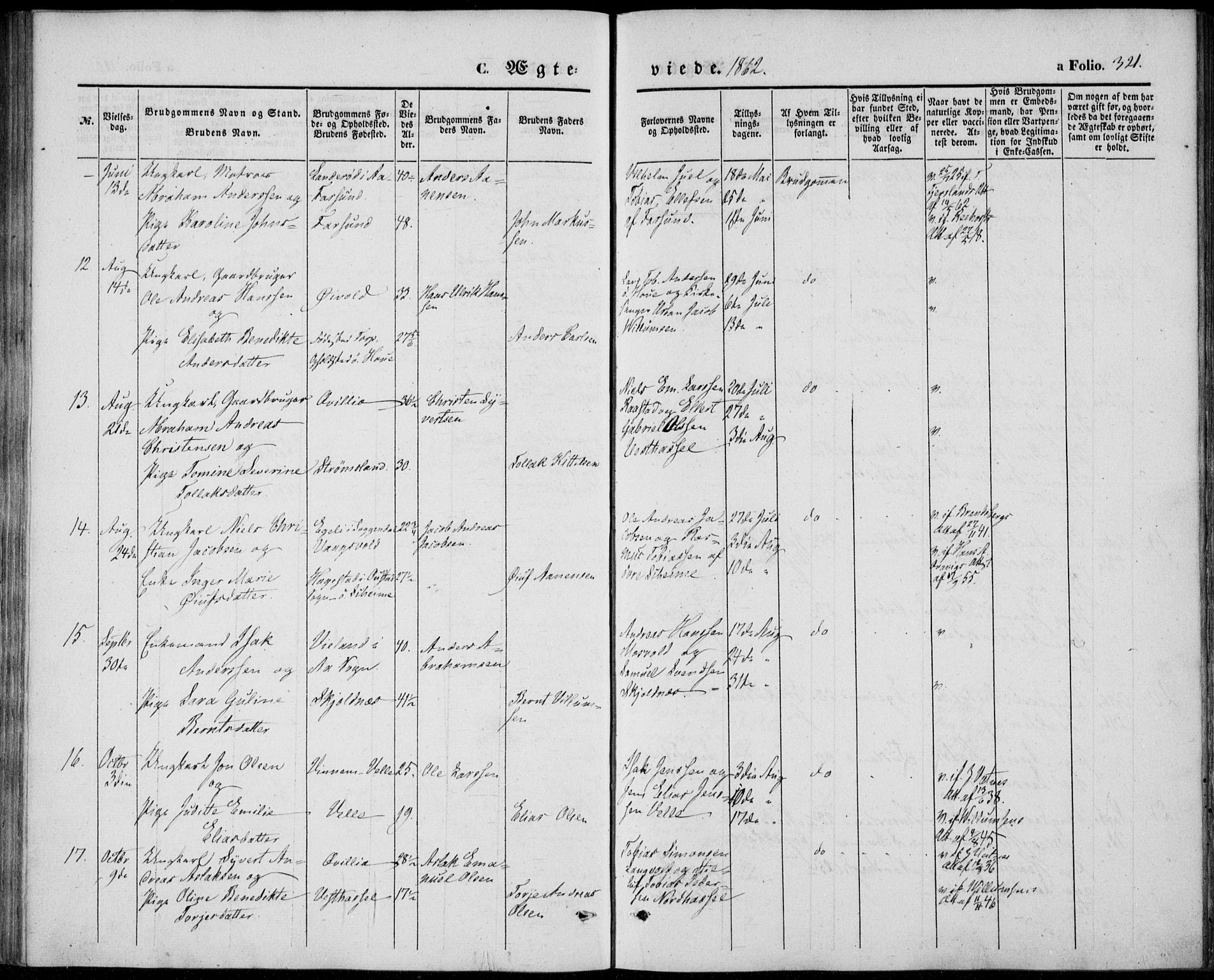 Lista sokneprestkontor, SAK/1111-0027/F/Fb/L0002: Parish register (copy) no. B 2, 1847-1862, p. 321