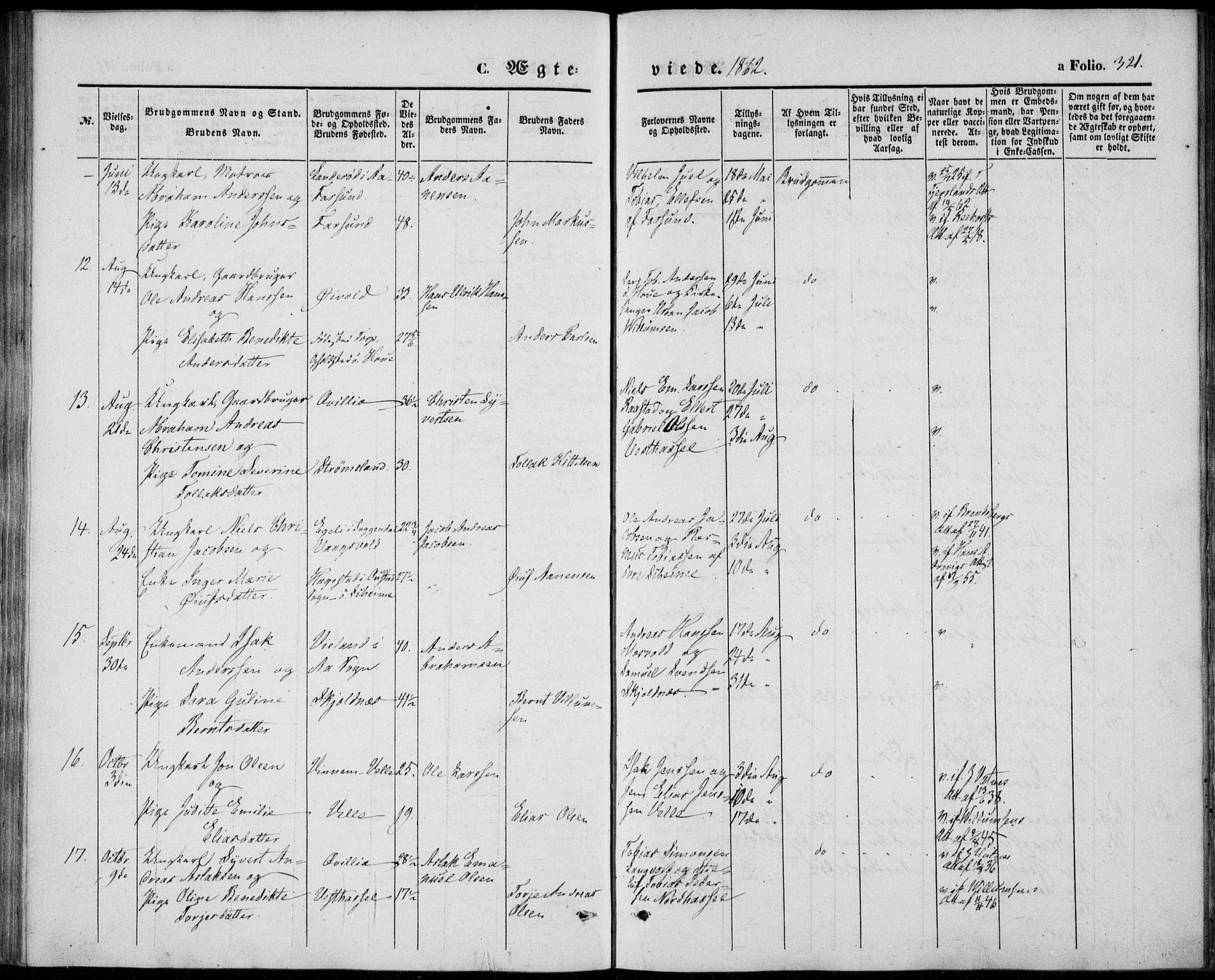 Lista sokneprestkontor, AV/SAK-1111-0027/F/Fb/L0002: Parish register (copy) no. B 2, 1847-1862, p. 321