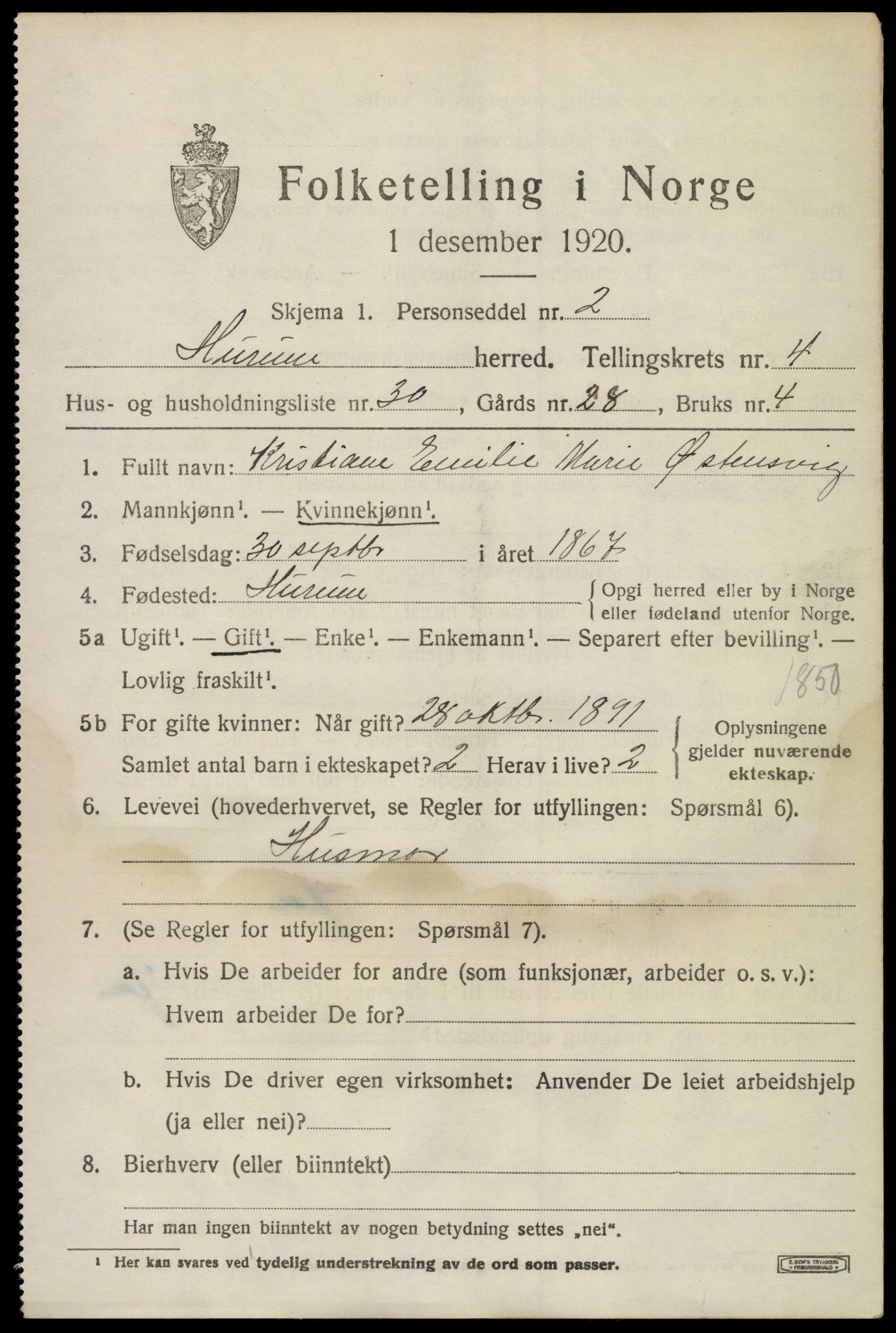 SAKO, 1920 census for Hurum, 1920, p. 6088