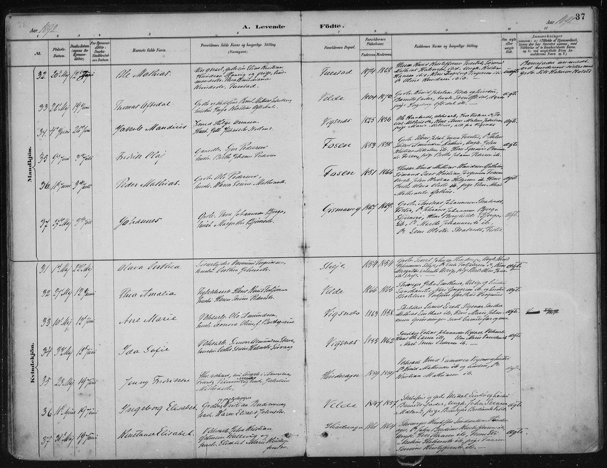 Avaldsnes sokneprestkontor, AV/SAST-A -101851/H/Ha/Haa/L0017: Parish register (official) no. A 17, 1889-1920, p. 37