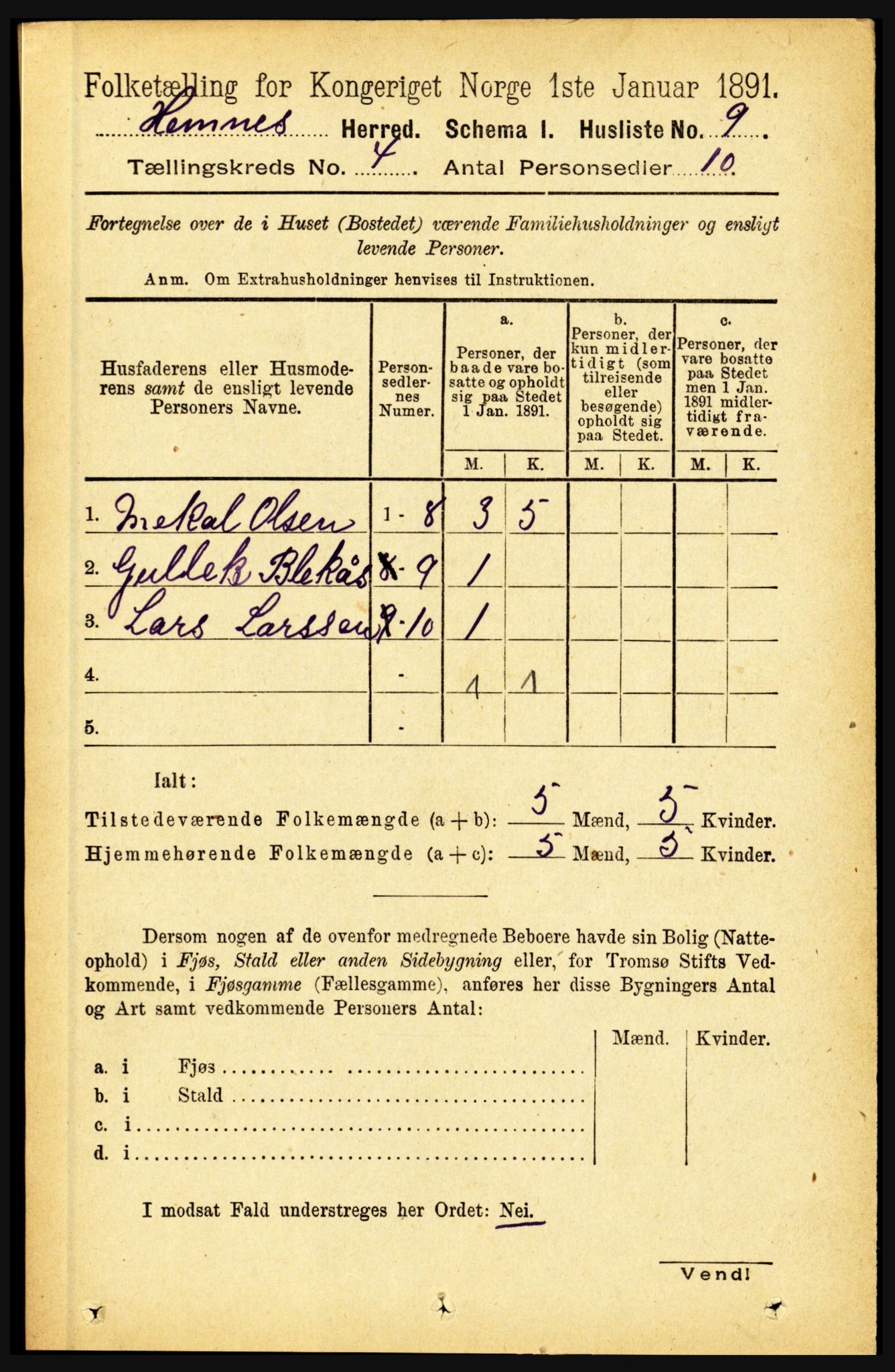 RA, 1891 census for 1832 Hemnes, 1891, p. 2209