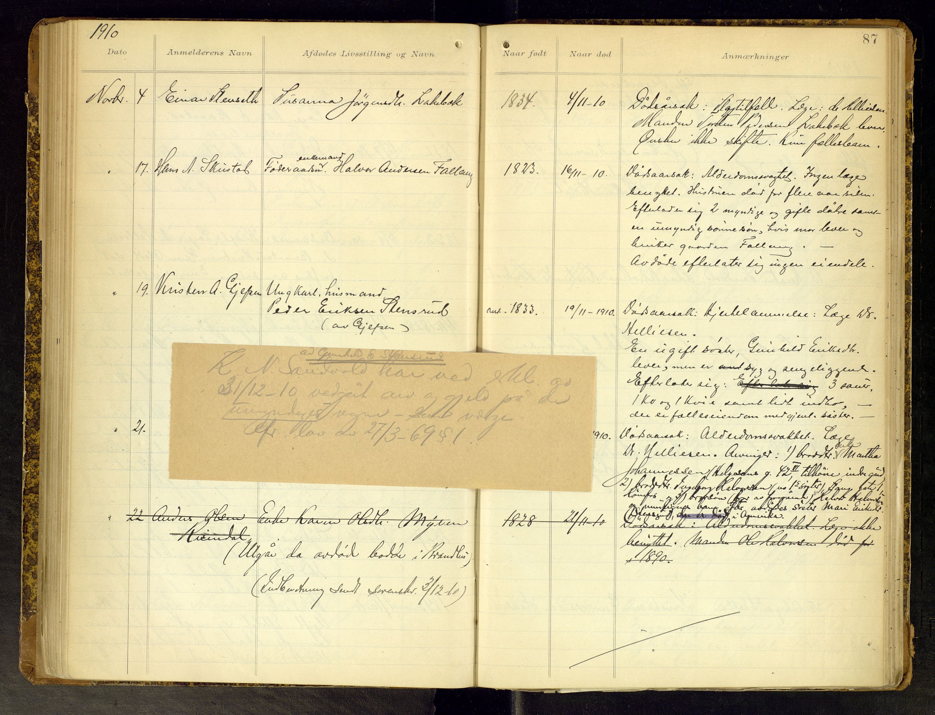 Gran lensmannskontor, AV/SAH-LOG-010/H/Ha/L0002: Dødsfallsprotokoll, 1899-1917, p. 87