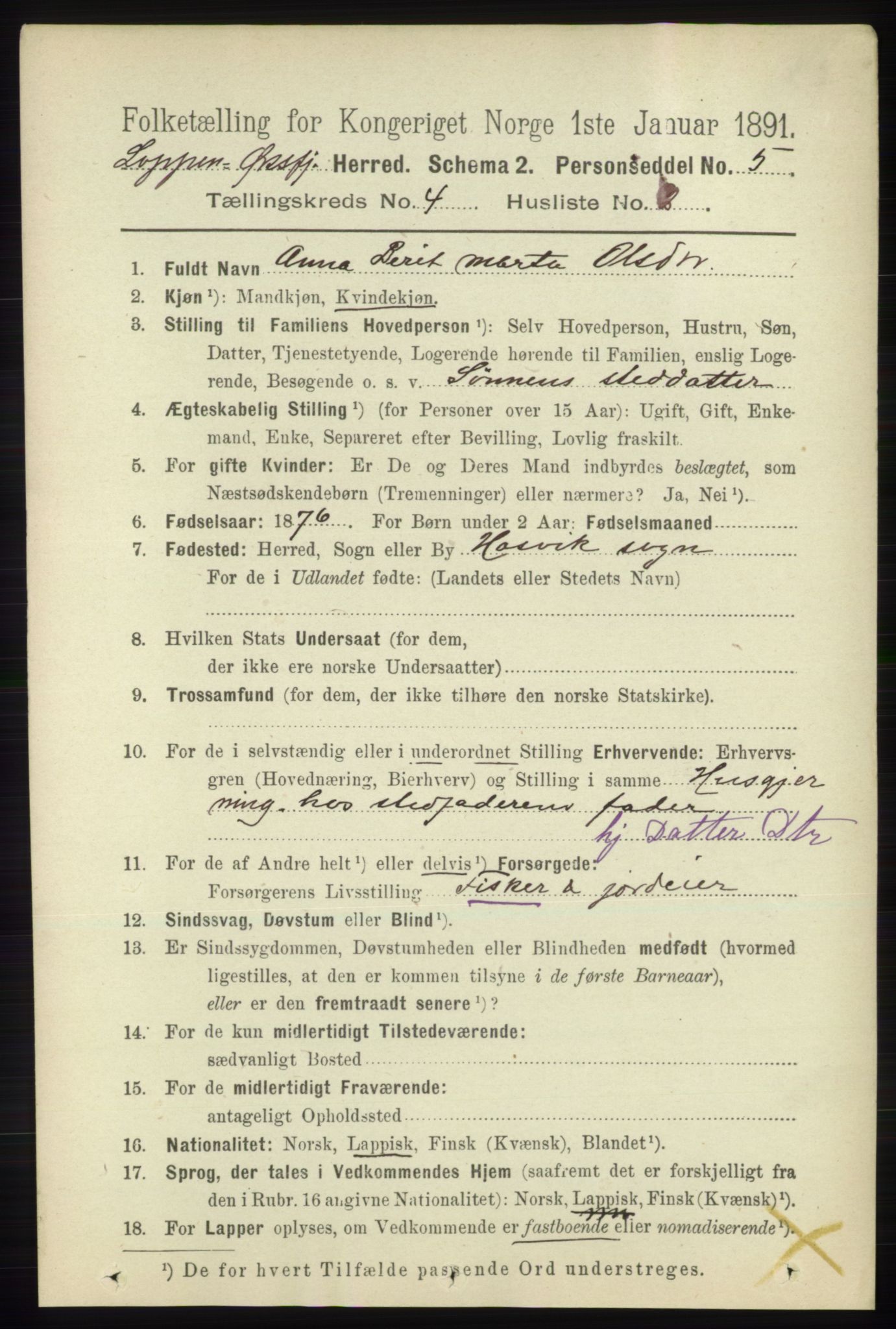 RA, 1891 census for 2014 Loppa, 1891, p. 874