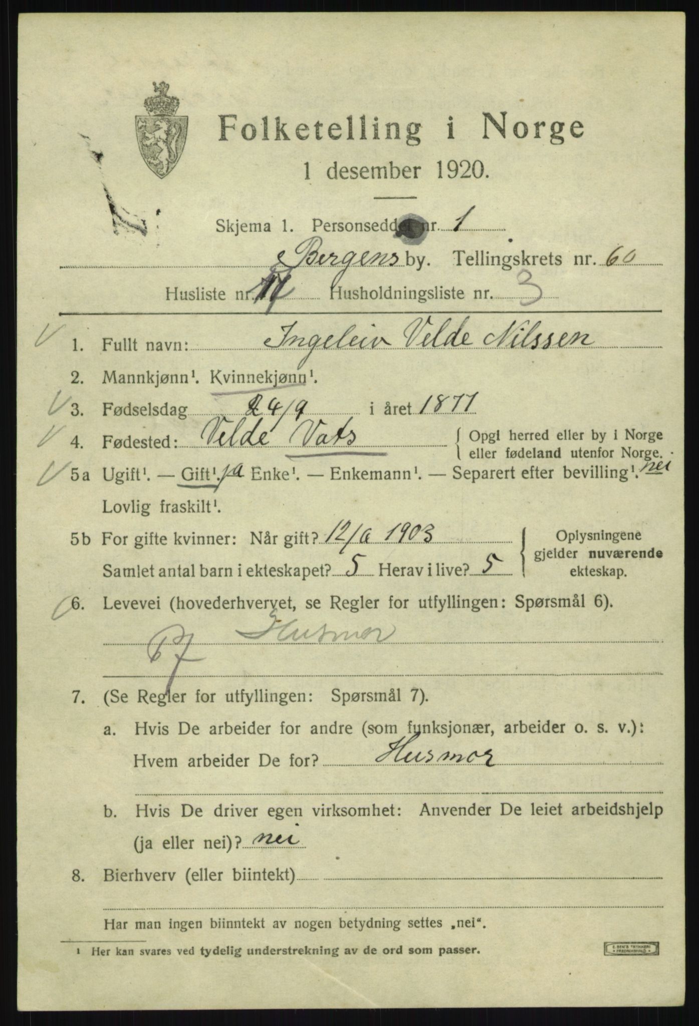 SAB, 1920 census for Bergen, 1920, p. 129678