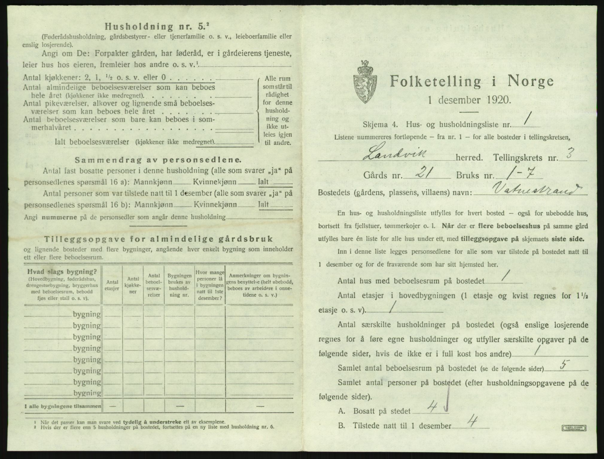 SAK, 1920 census for Landvik, 1920, p. 528