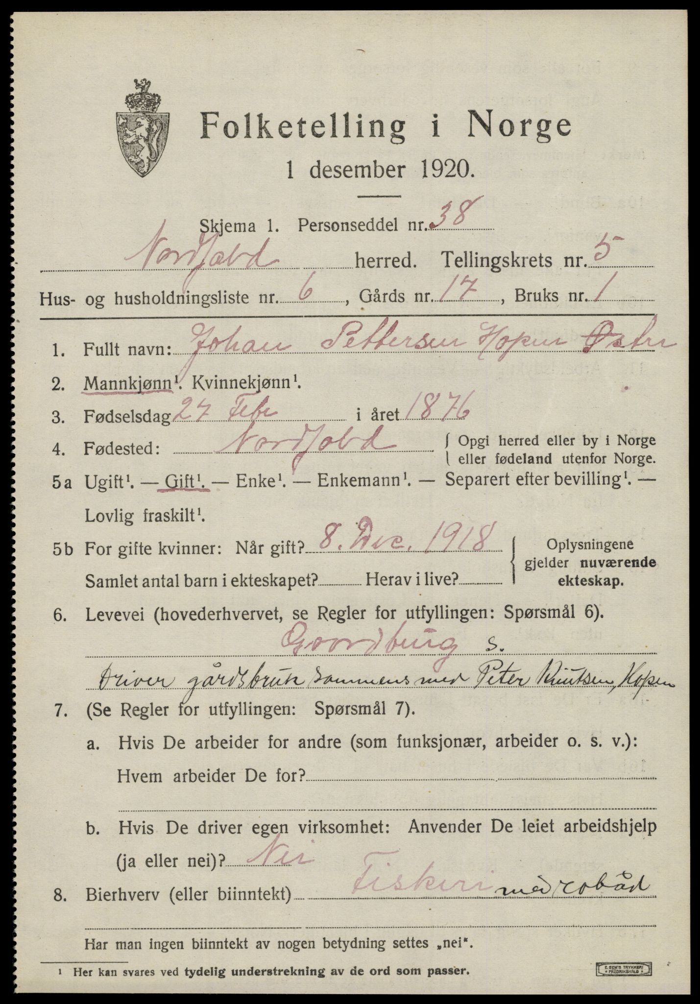 SAT, 1920 census for Nordfold, 1920, p. 2507