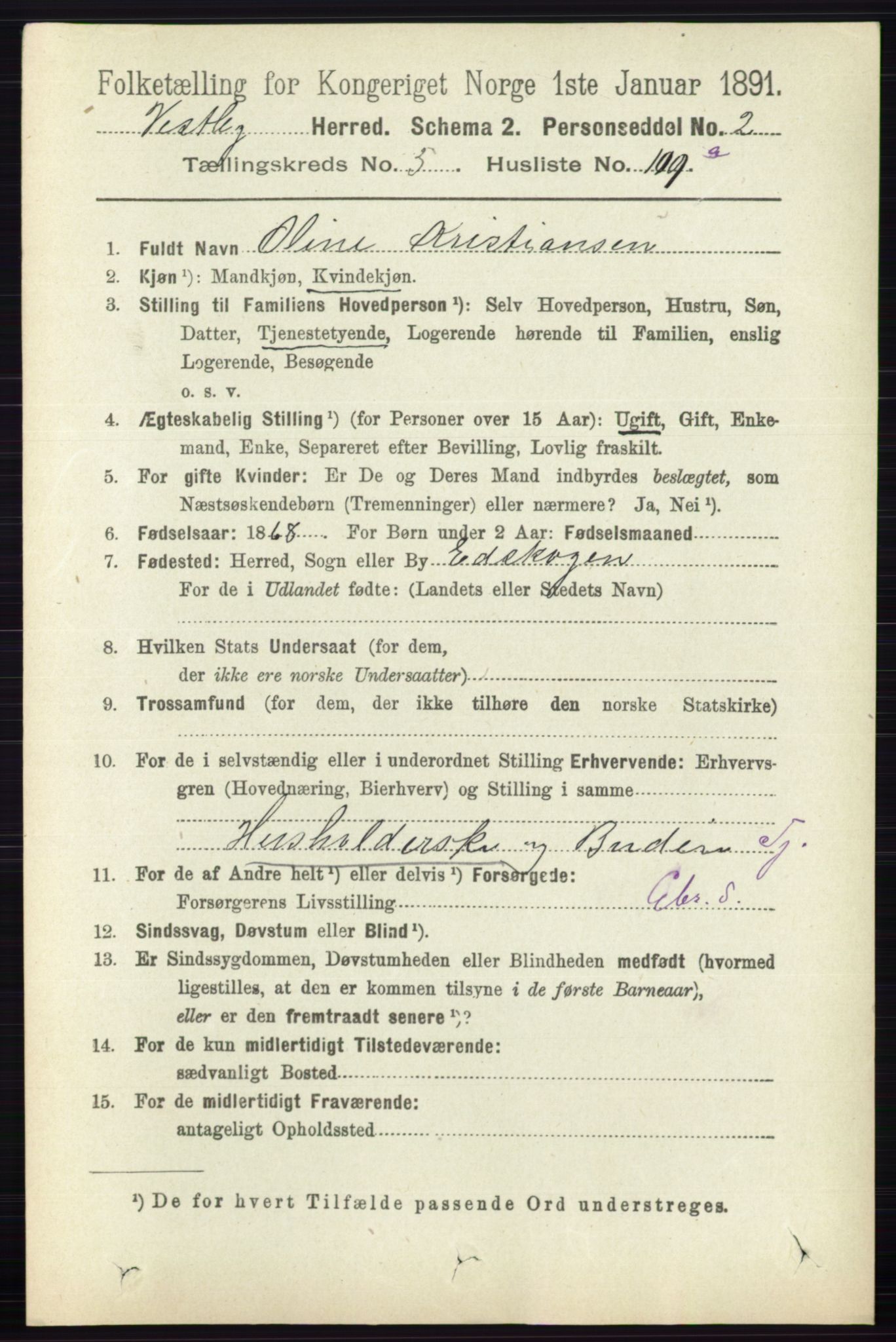 RA, 1891 census for 0211 Vestby, 1891, p. 2798