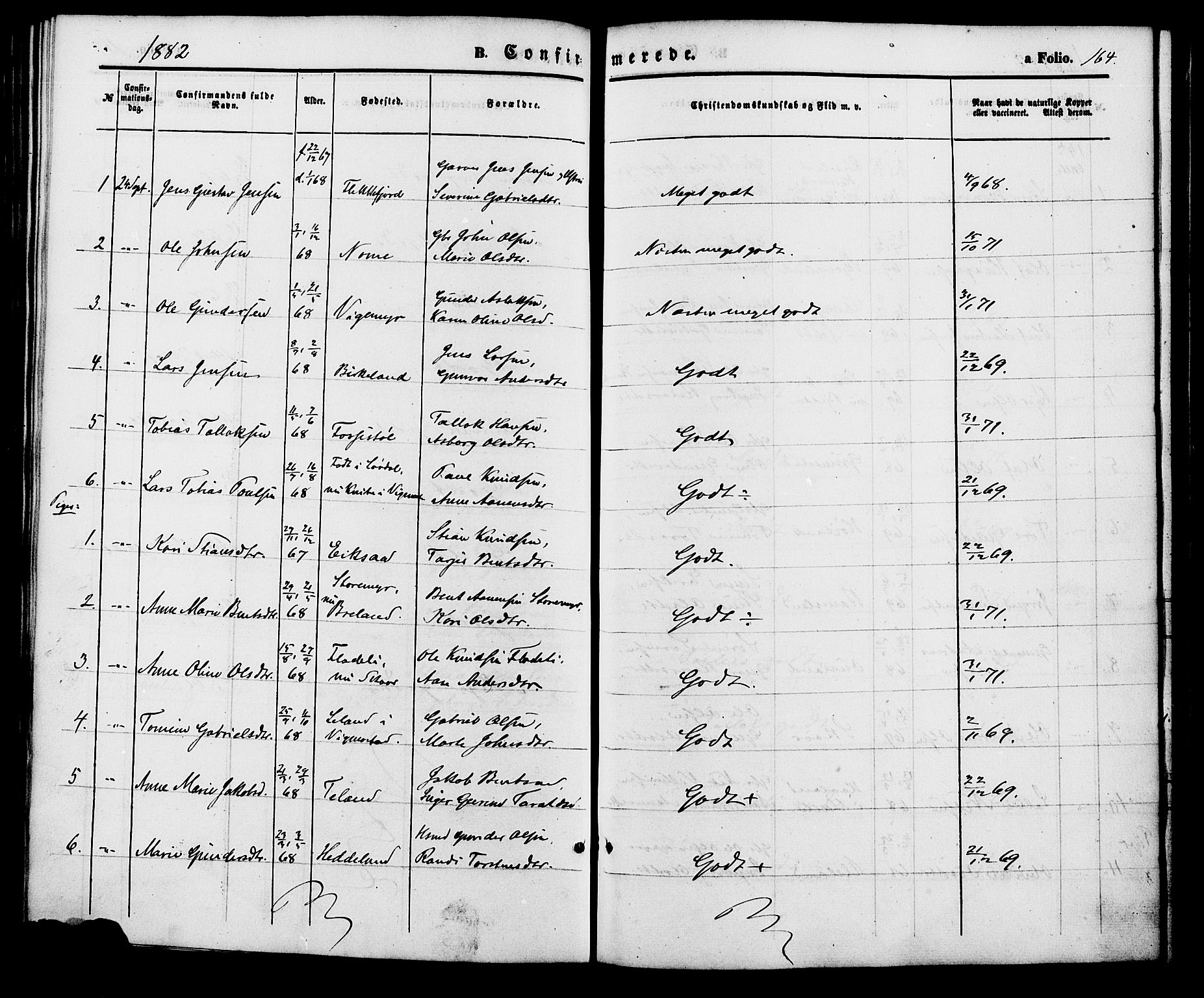 Holum sokneprestkontor, AV/SAK-1111-0022/F/Fa/Fac/L0003: Parish register (official) no. A 3, 1860-1883, p. 164